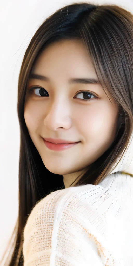 young japanese woman, 30 generations, white background, Characterized by simplicity背景, white brown hair, thin, 4k, In 8K, high quality, beauty, beautiful eyes, Characterized by simplicity, High resolution,1 person,beautiful skins,beautiful skin,wearing a white knit,winter,lipstick,slight smile