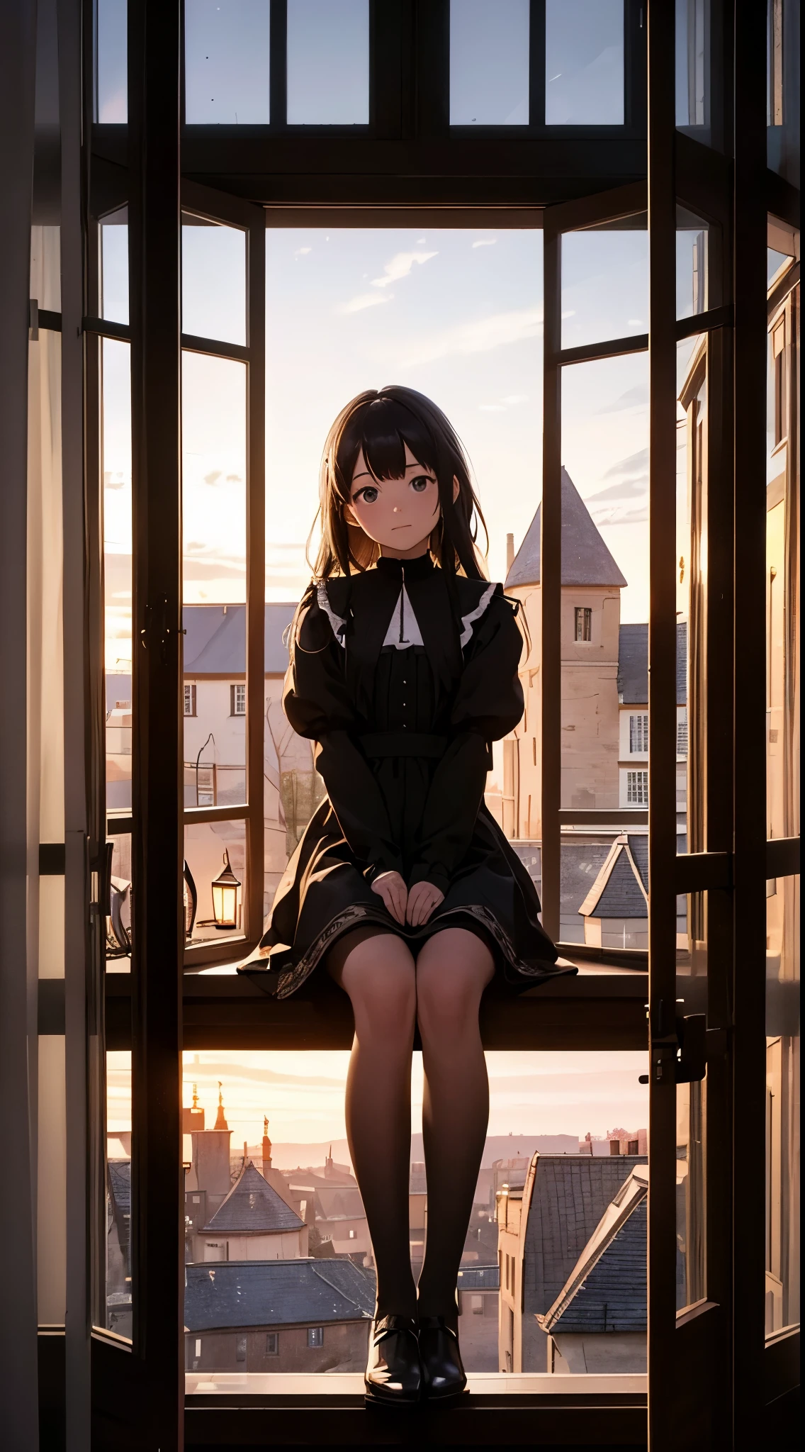 1girl, seating on knees in the window frame, seating on the window, open window, night background, medieval House, medieval era, medieval window, wich girl, wearing nigth dress