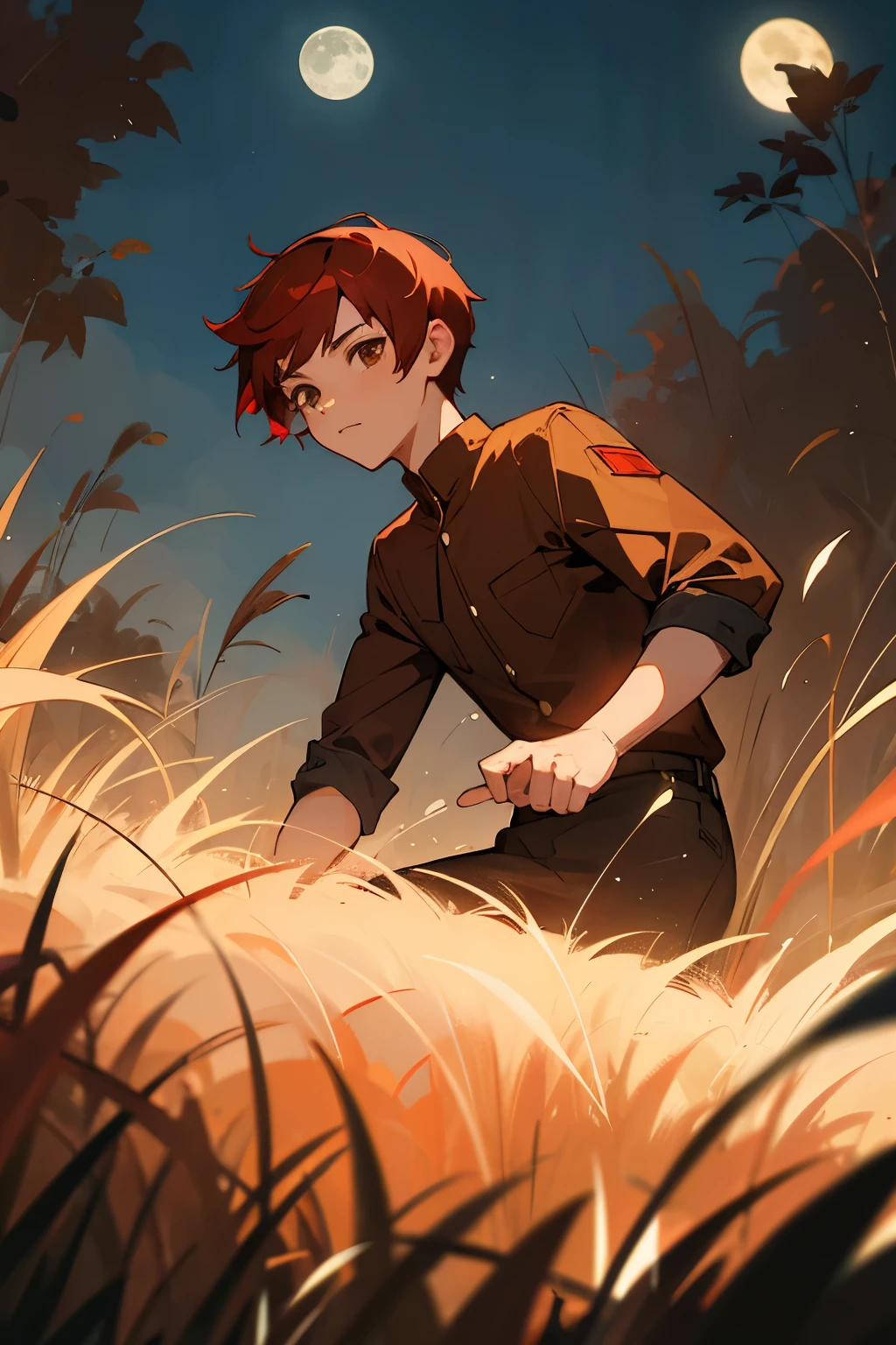avatar,short hair, brown shirt, young male, brown eyes, moonlight, red hair, grass backgroundn