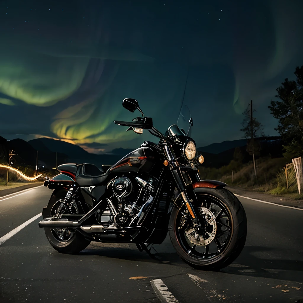 Landscape 8k custom motorcycle Harley Davidson rocker C fxwc driverless on a road with northern lights in the sky