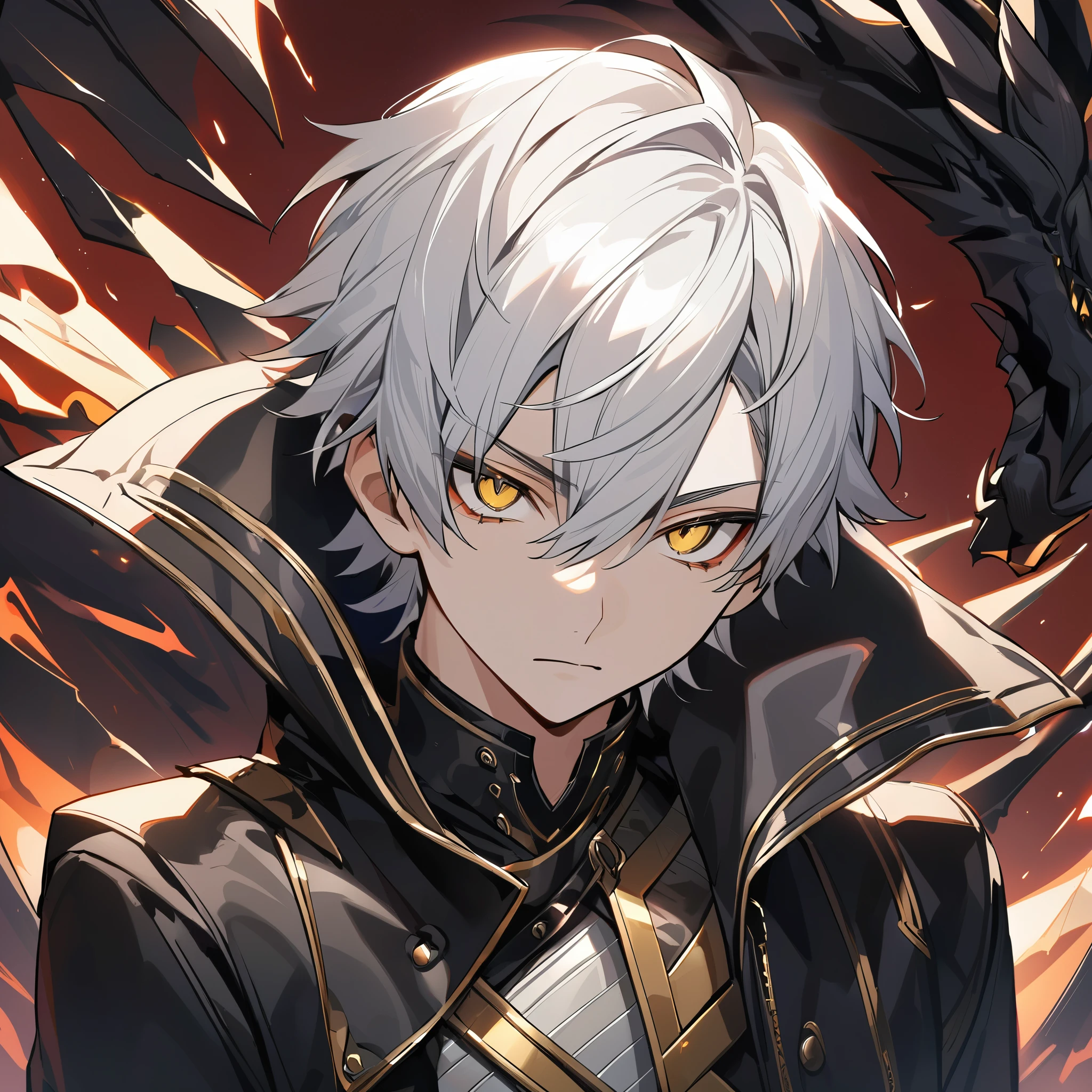 Handsome male, 1male, 17 years old, teenager, golden lining, short white hair, flat cut hair, sharp eyes, gold eyes, devil may cry, close up, calm expression, stoic, black leather clothes, black jacket, black gloves, upper body, looking at viewer, cowboy shot, black dragon background