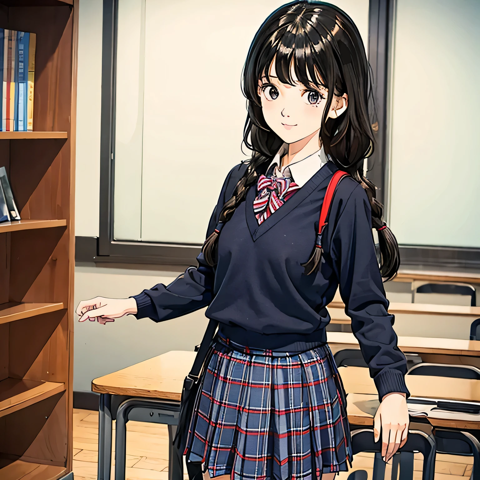 girl in school uniform, two braids on the head, voluminous hair, black hair, plaid skirt, 1 girl in motion, school, cabinet, Class, athletic body, The whole body is visible in the frame, Beautiful face, smiling, Ultra Detail, holds textbooks