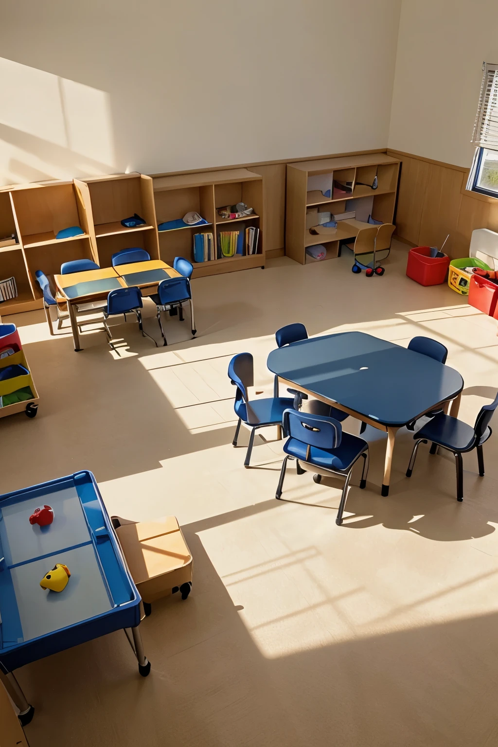 drawing of a playroom of a transitional grade classroom with a top view that shows the entire room where you can see the different toys and tables in the space