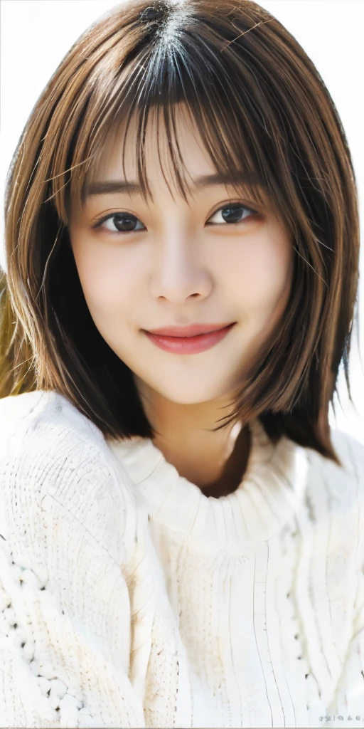 young japanese woman, 30 generations, white background, Characterized by simplicity背景, white brown hair, thin, 4k, In 8K, high quality, beauty, beautiful eyes, Characterized by simplicity, High resolution,1 person,beautiful skins,beautiful skin,wearing a white knit,winter,lipstick,slight smile