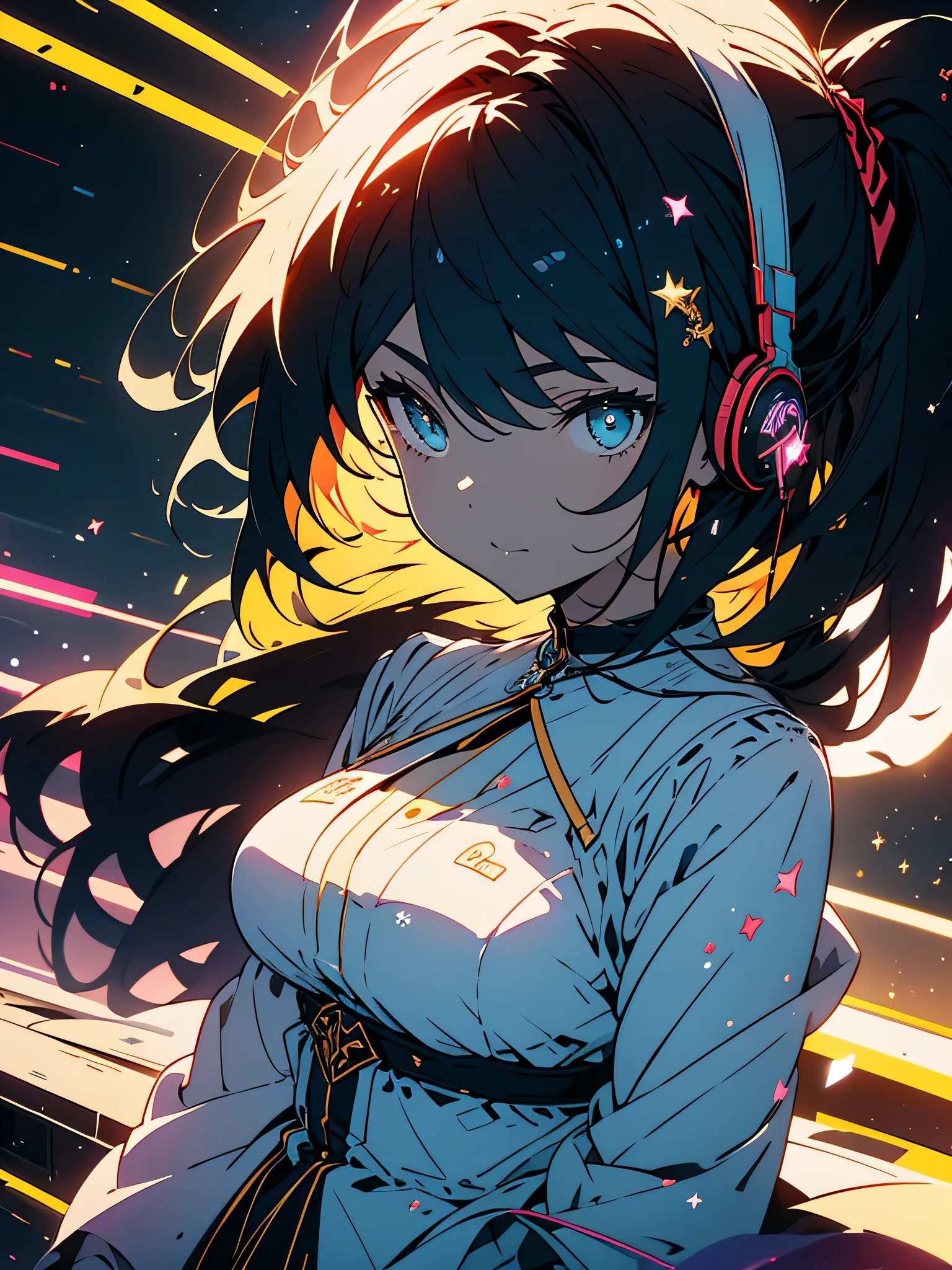 (highest quality、masterpiece、be familiar with、From Kira、shining eyes)、brown hair . Beautiful woman with curly hair and sunglasses wearing full size headphones - surrounding the neon glow of earphones and neon cyberpunk coordinator in a dark room at night、beautiful anime