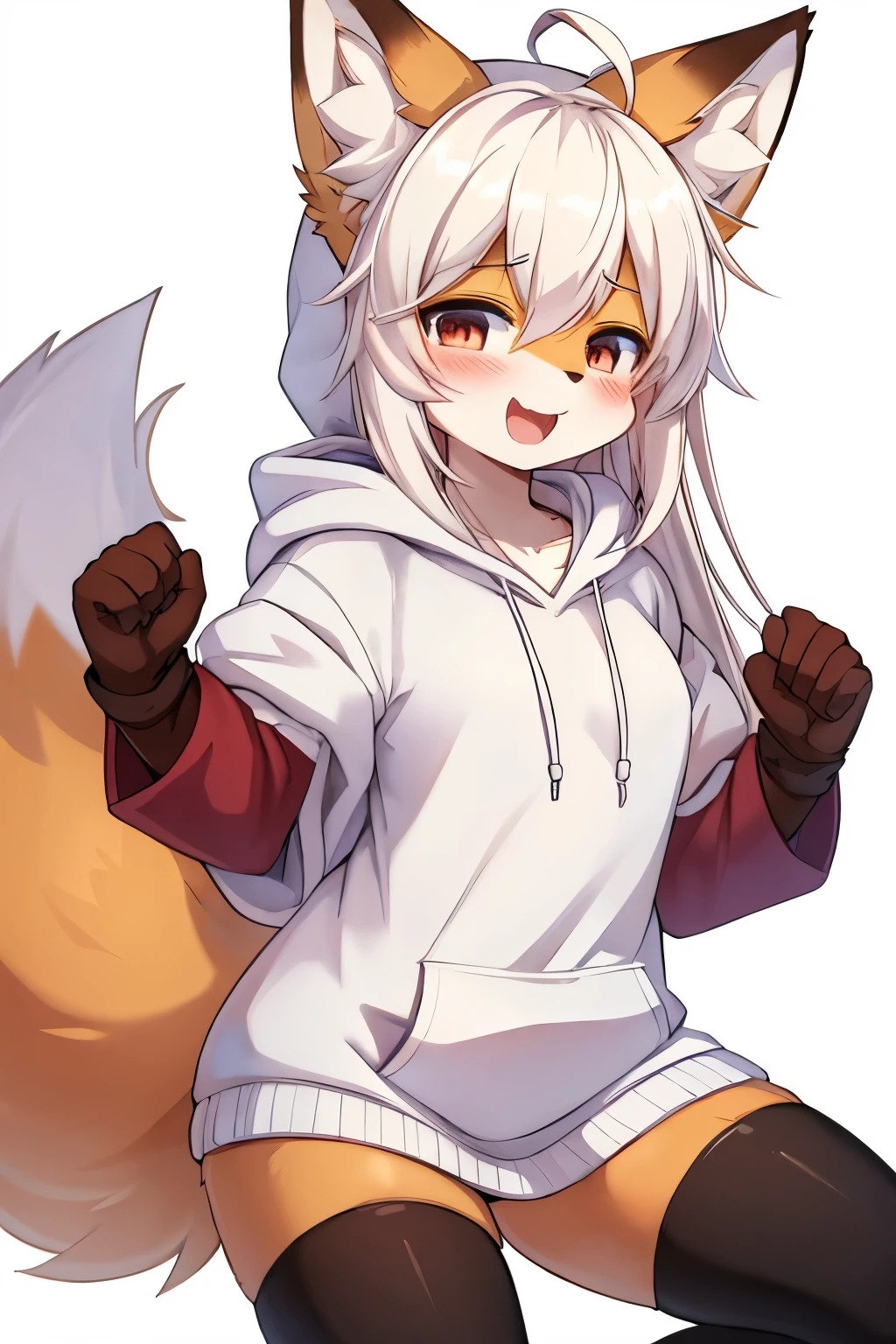 best quality, kemono, anime, female, furry, anthro, full body, solo, :d, ^_^, ahoge, animal_ear_fluff, animal_ears, bangs, bare_shoulders, blush, closed_eyes, detached_sleeves, fox_ears, fox_girl, fox_tail, gloves, hair_between_eyes, hood, hoodie, long_hair, open_mouth, simple_background, smile, solo, swaying, tail, upper_body, virtual_youtuber, white_background, white_hair, white_hoodie, white_sleeves