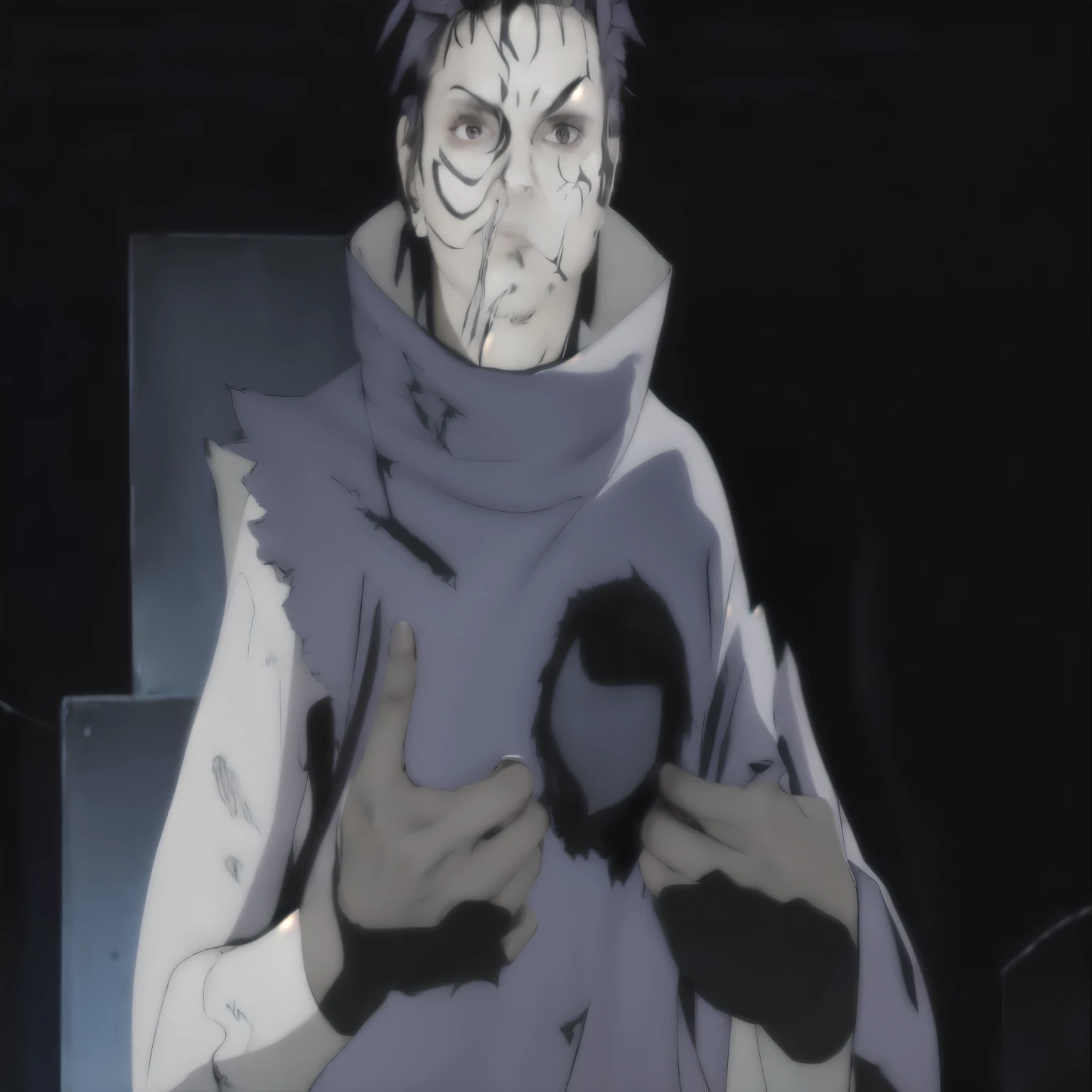 Realistic portrait of a young man with black hair, one covered by a black eye patch. He wears a flowing purple cloak, tattered on the right arm, revealing his heart held in his hands through the tear. He has a slender build.
