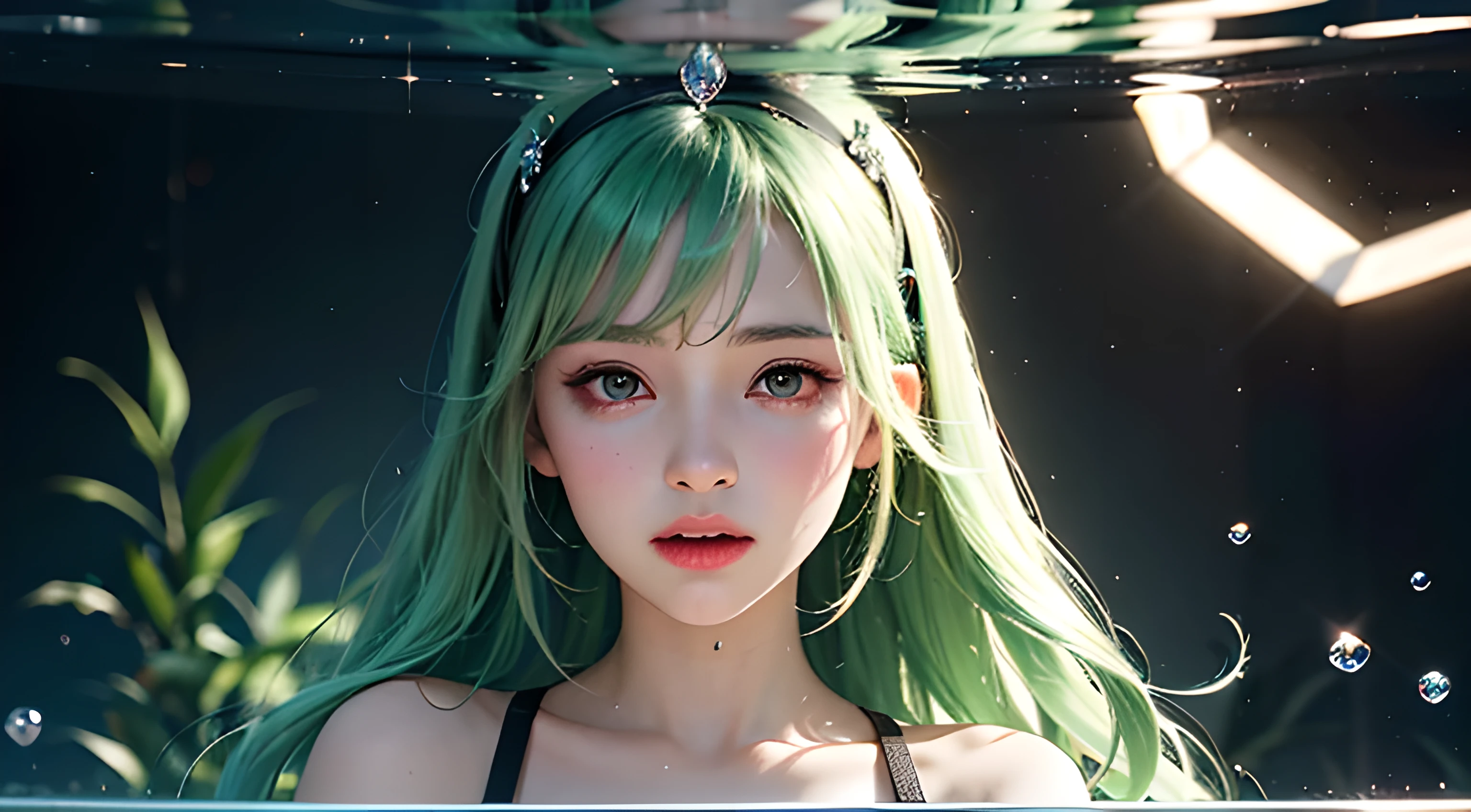 Watch the audience by standing behind a fish tank filled with fir close-ups，Long green hair，Dull hair，Pink hair accessories，sparkle eyes，Eye-catching，The corners of the mouth are upturned，HD quality wallpaper，refracted light，The water is crystal clear，The head is particularly depicted in the picture，3Drenderingof