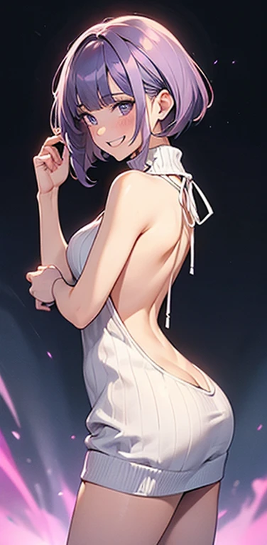 (8K、highest quality、masterpiece:1.2)、Super detailed、super resolution、Realistic、(1girl) 、(purple hair)、short hair。(blunt bangs:1.5),pink eyes、(face focus,cowboy shot),(glowing eyes:1.4),((white sweater: 1.3))、(grin:1.3),open mouth、cute face,blush、small breasts,(simple background),naked sweater, sweater, meme attire, virgin killer sweater, breasts, turtleneck sweater, bare shoulders, turtleneck, sweater dress, ribbed sweater, sideboob, halterneck,backless dress,from behind