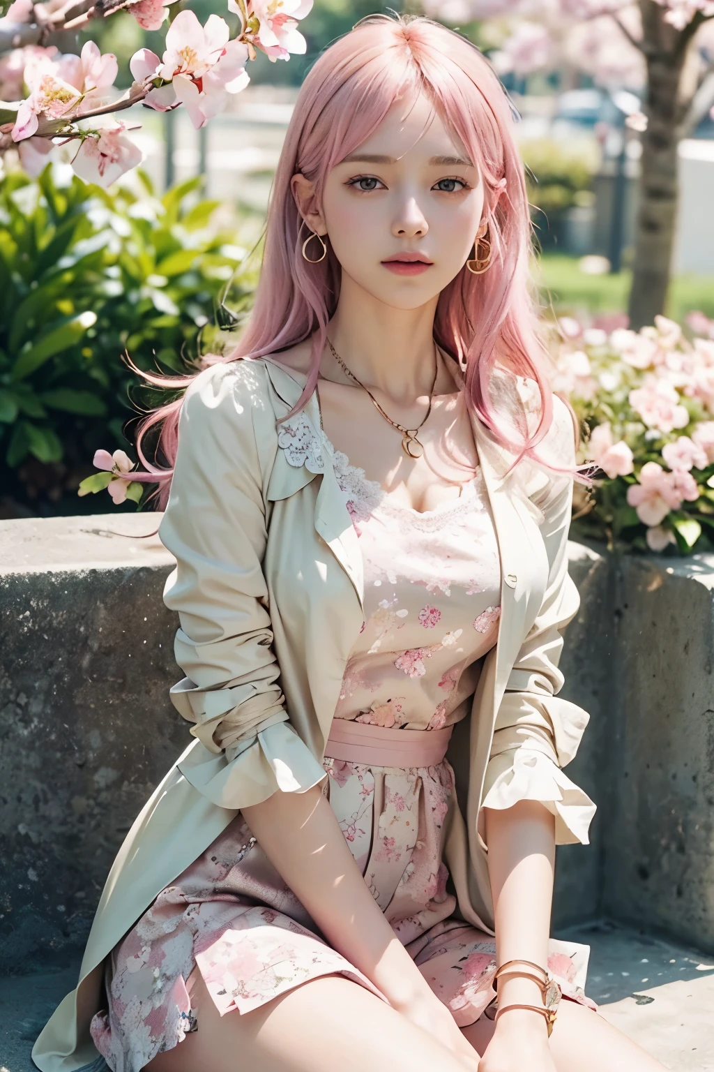 (8K, top-quality, masterpiece:1.2), (realistic, photorealistic:1.37), (super detail), (one girl), (highly detailed), (beautifully detailed eyes), (of the highest quality), (super detailed), (masterpiece), (detailed face), (20yr old), (pink hair, long hair), (medium breasts), (clothed), (perfect lighting), BREAK, (light pink trench coat:1.2), (white camisole:1.4), (floral print blouse:1.3), (high waist flare skirt:1.2), (light green:1.3), (feminine silhouette:1.5), (ribbon details:1.2), (lace trim:1.2), (white lace ankle socks:1.2), (beige ballet flats:1.2), (cherry blossom earrings:1.3), (simple gold chain necklace:1.2), BRAKE, (head to knee), (pink long hair flowing), (gentle smile), (elegant pose holding skirt), (spring park), (soft natural light)