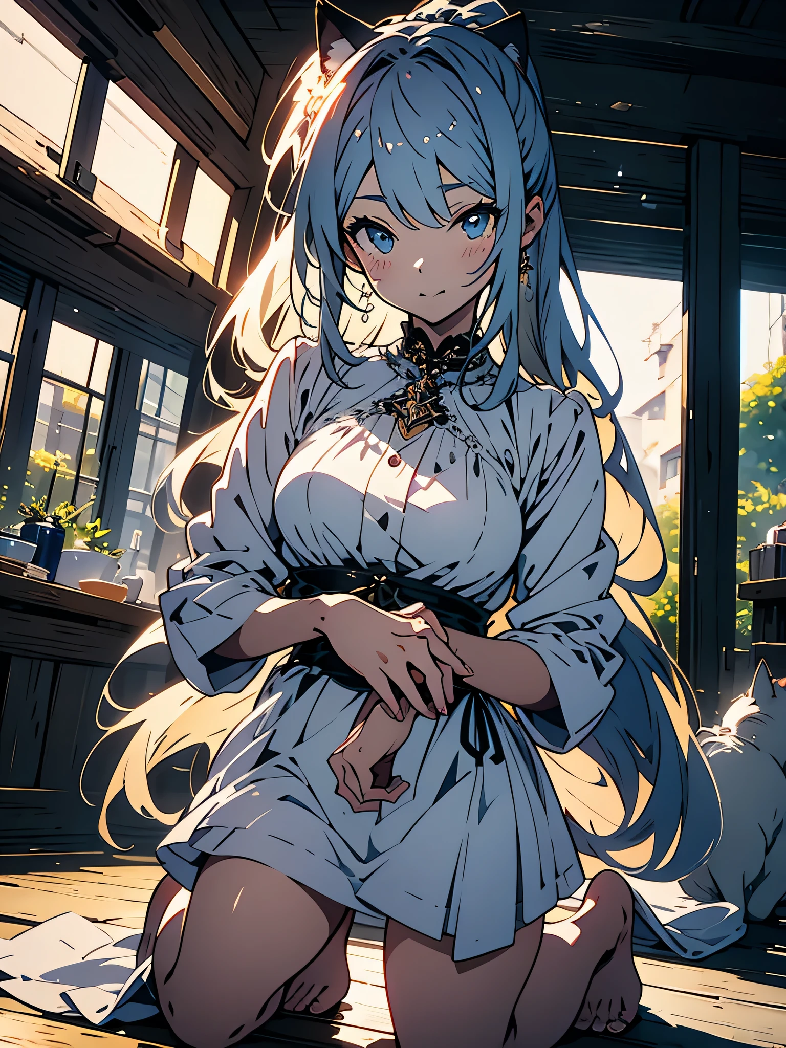 (highest quality、masterpiece、be familiar with、shining eyes、From Kira)、1 girl, alone, gray hair, double ponytail, Cat ear, blush, open your mouth, belly button, nipple, Sarashi, (kneel down: 1.3), bondage, (shibari), bound, (back of hand: 1.4), rope, Restraint weapons,masterpiece、beautiful anime