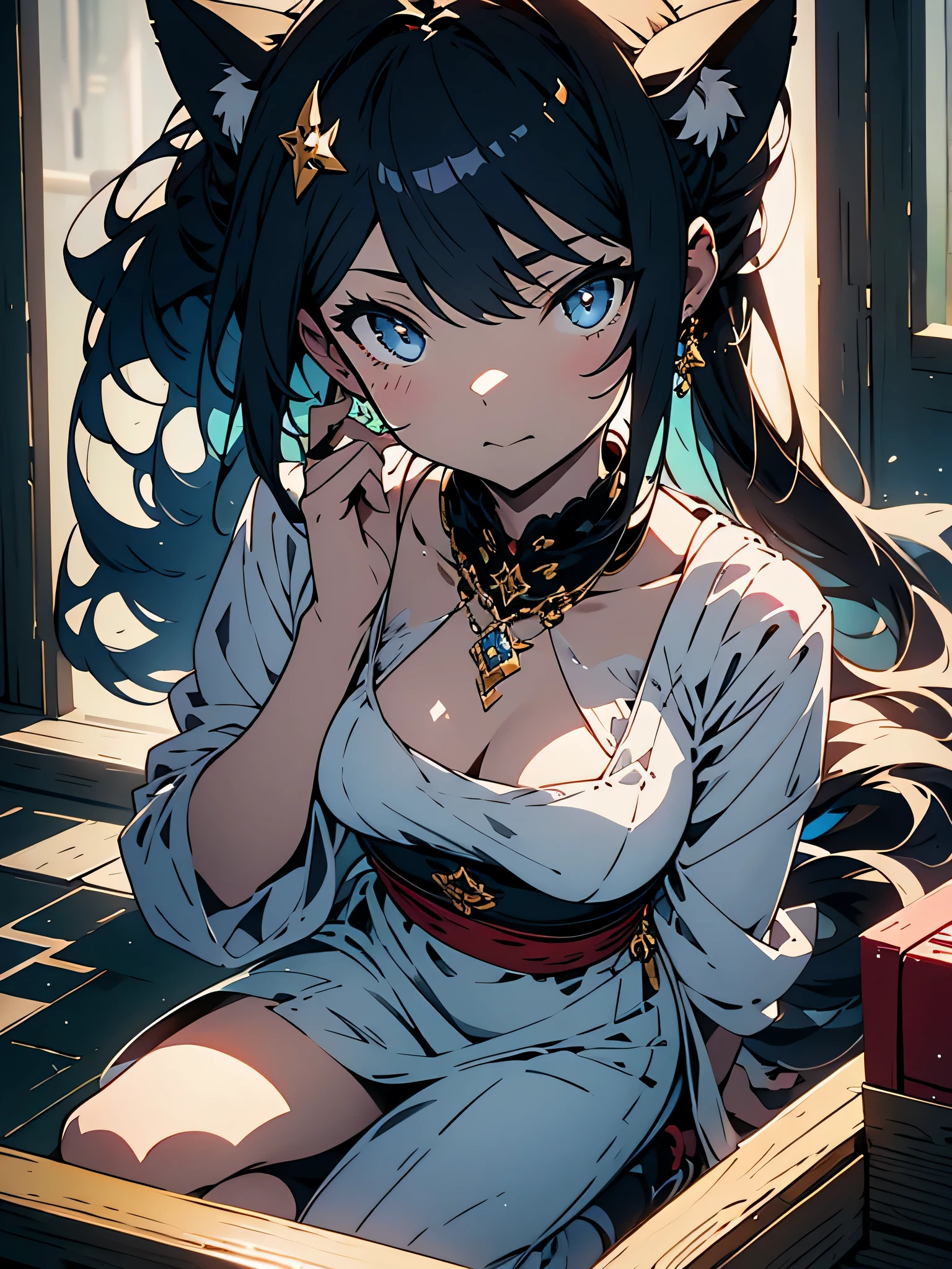 (highest quality、masterpiece、be familiar with、shining eyes、From Kira)、1 girl, alone, gray hair, double ponytail, Cat ear, blush, open your mouth, belly button, nipple, Sarashi, (kneel down: 1.3), bondage, (shibari), bound, (back of hand: 1.4), rope, Restraint weapons,masterpiece、beautiful anime