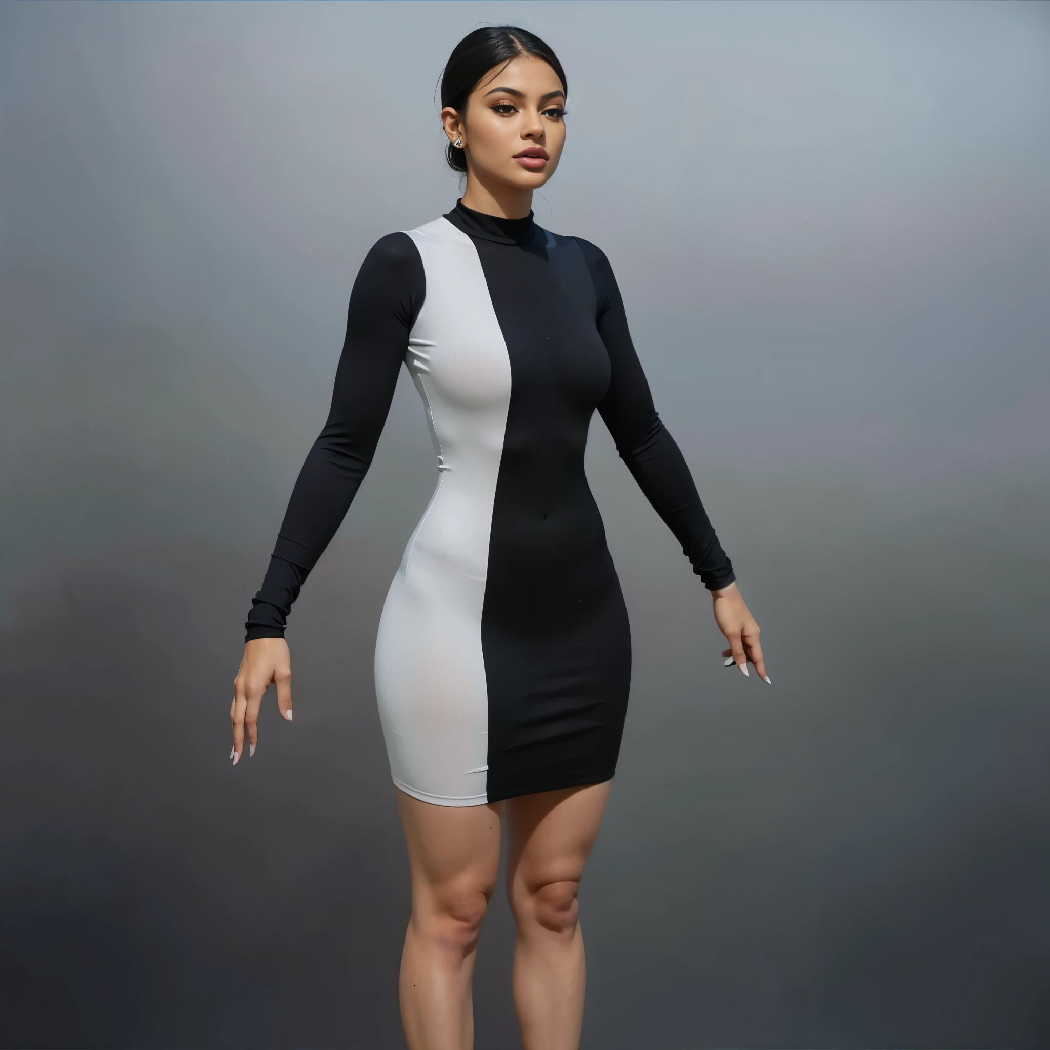 ((Beautiful brown latina girl, Isabela Kylie Jenner, 18 years)), ((big round breasts)), big hips, beautiful soft thighs, beautiful legs, wearing black and white cotton-Lycra tight turtleneck long-sleeved minidress, Vibrant, vivid, shadows, lumen, HDR, 8k, ((detailed: 1.4)), ((hyper realistic)), Extremely Realistic, Realism, Portrait, Raw photo, Photography, Photorealism, Photoshoot, Instagram vibes,