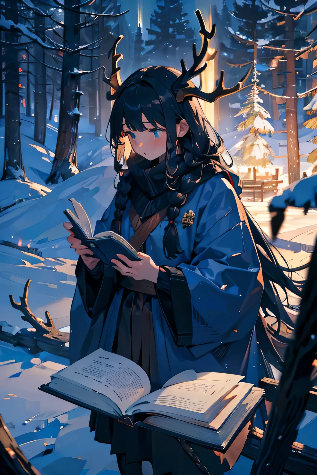4k work,masterpiece,extremely high detailed,best work,1female,thick winter cloth,blue winter cloth,black giant antlers,holding a opened thick book,casting a aurora,giant antler,giant black antlers,omega black antlers,braided side hair,white long hair