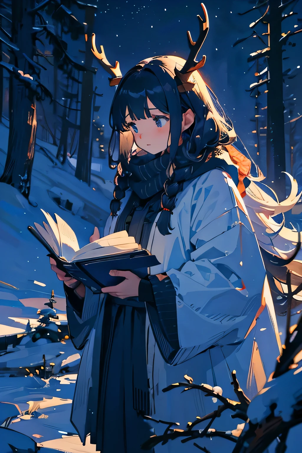 4k work,masterpiece,extremely high detailed,best work,1female,thick winter cloth,blue winter cloth,black giant antlers,holding a opened thick book,casting a aurora,giant antler,giant black antlers,omega black antlers,braided side hair,white long hair