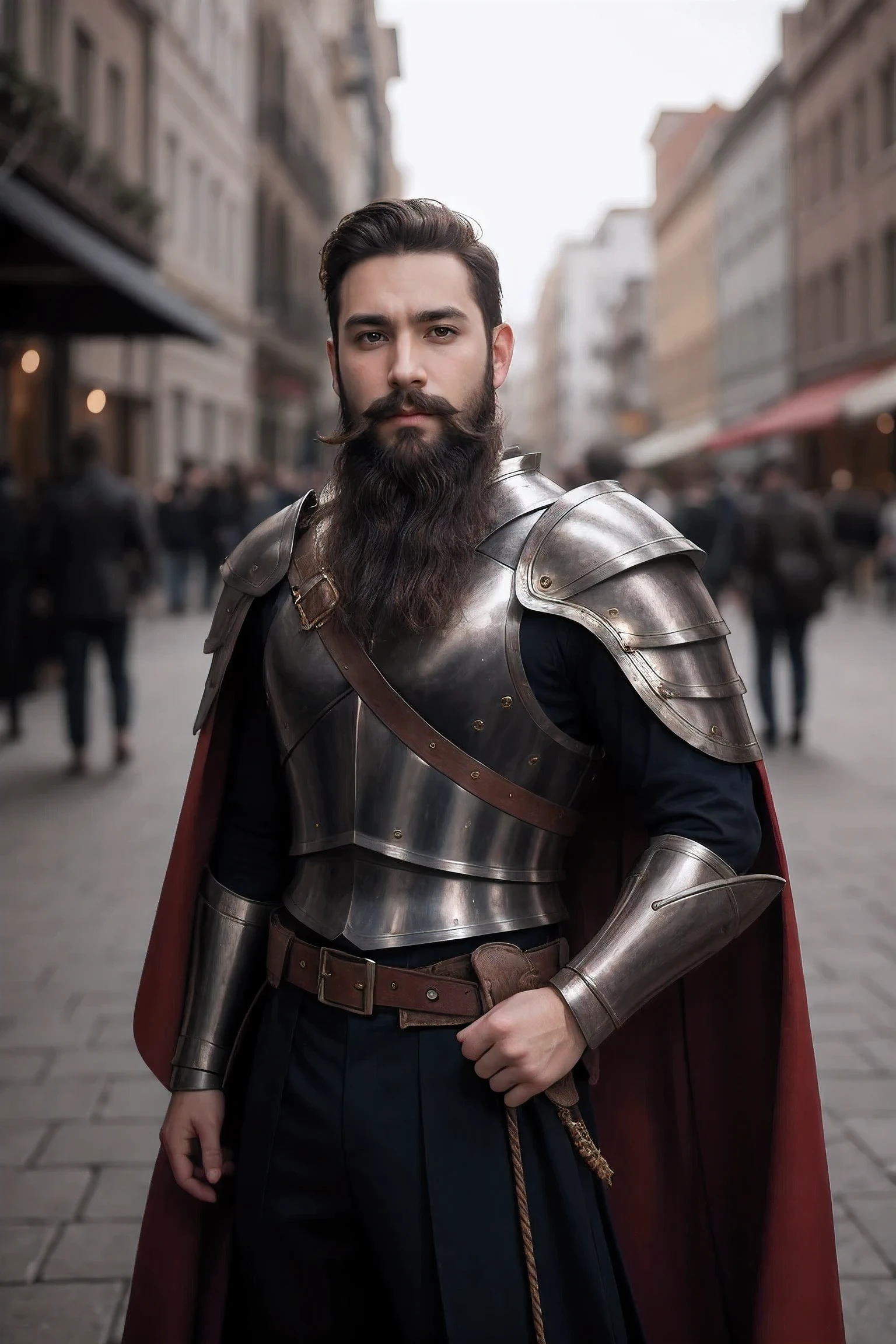 1 boy,armor,beard,vague,vague background,cape,beard,looking at the audience,male focus,beard,actual,alone,Upper body,