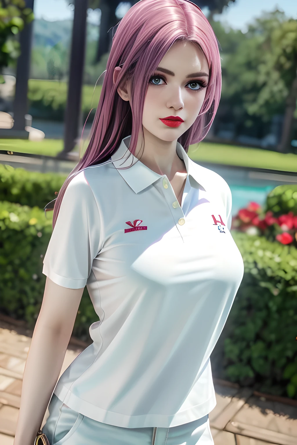 night,1 girl,(White polo shirt:1.4),(casual pants),Outdoor activities,  (standing posture),grace,(((red lips))), Lips slightly open,  clavicle,(huge breasts:1.3),skin shiny,((8k, original photo, top quality, masterpiece)), HD RAW color photos professional close-up photos, (actual, photorealism: 1.37), (best quality),8k,Define detailed faces, tiny details,alone,Alice,