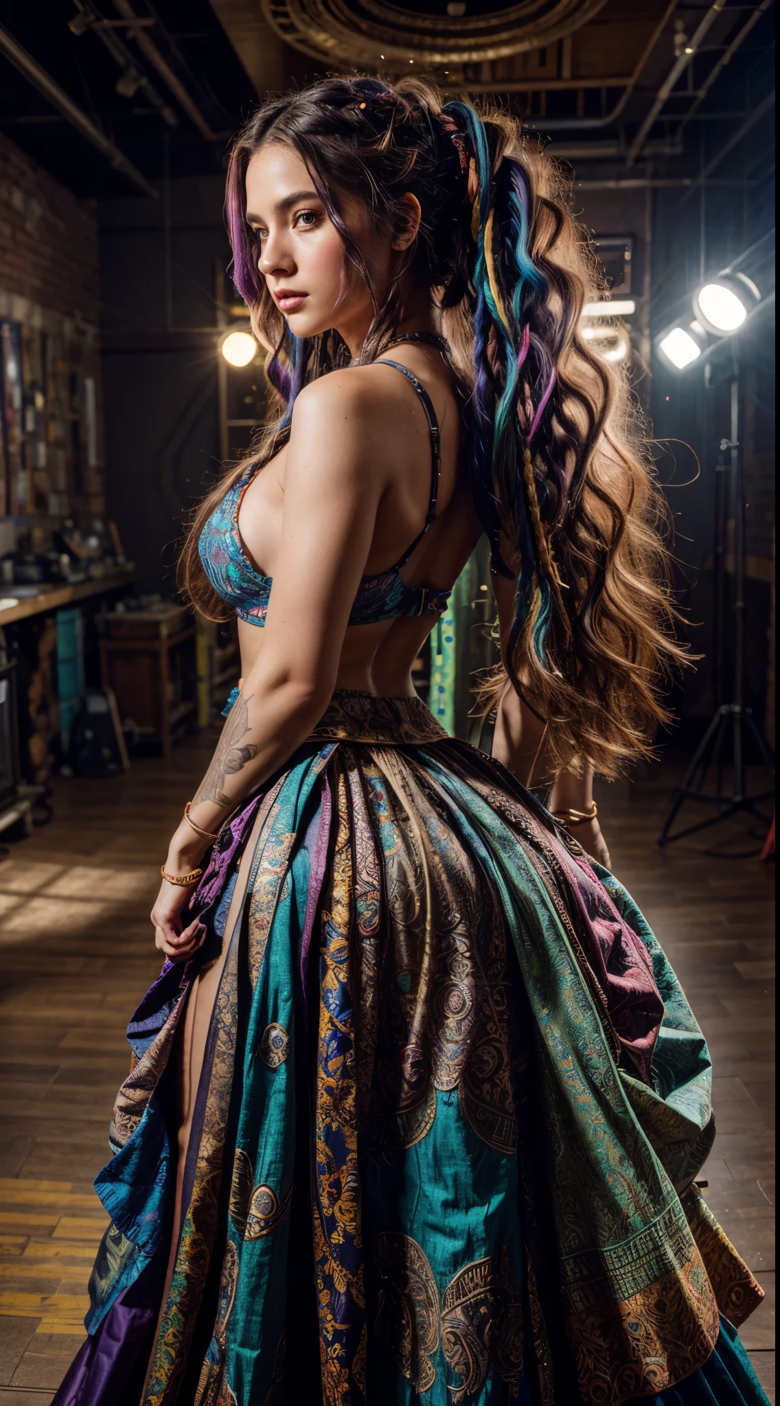 Portrait,Conceptual,Full body shot of a girl with wild,wavy,multicolored hair featuring two long braids,Fluorescent lighting accentuating the intricate details of her long skirt,Soft studio lights with high contrast and rim light creating an epic cinematic effect,8K ultra-realistic presentation,High dynamic range,Absurd yet amazing composition,soft colors,Hyper-detailed,Fantasy,fashion,wild hair,long skirt,intricate,cinematic,hyper-realistic,funny,cm™