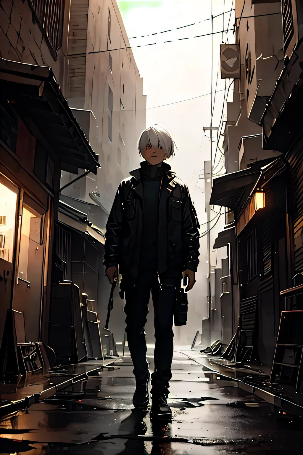 A boy with white hair and red eyes standing alone in the slums of a dark futuristic city, the boy gazes at the starry sky with a look of despair. (moyen:oil painting'huile),(best quality,4K,8K,high resolution,chef-d'artwork:1.2),ultra-detailed,(realistic,photorealistic,photo-realistic:1.37),ambiance sombre,texture granuleuse,poverty,in trouble,Solitude,Desolation,night scene,mystère,depressed mood,post-apocalyptique,paysage urbain futuriste,cadre dystopique,neon lights,ombres vacillantes,air rempli de smog,The stars shine brightly,ciel de nuit,solitude,despair,overwhelmed by emotions,Eyes full of stars,Lost in thoughts,tension dans l'air,Ambiance sombre,the boy's inner turmoil,cinematographic composition,dramatic lighting,d'a captivating beauty,impact émotionnel profond.