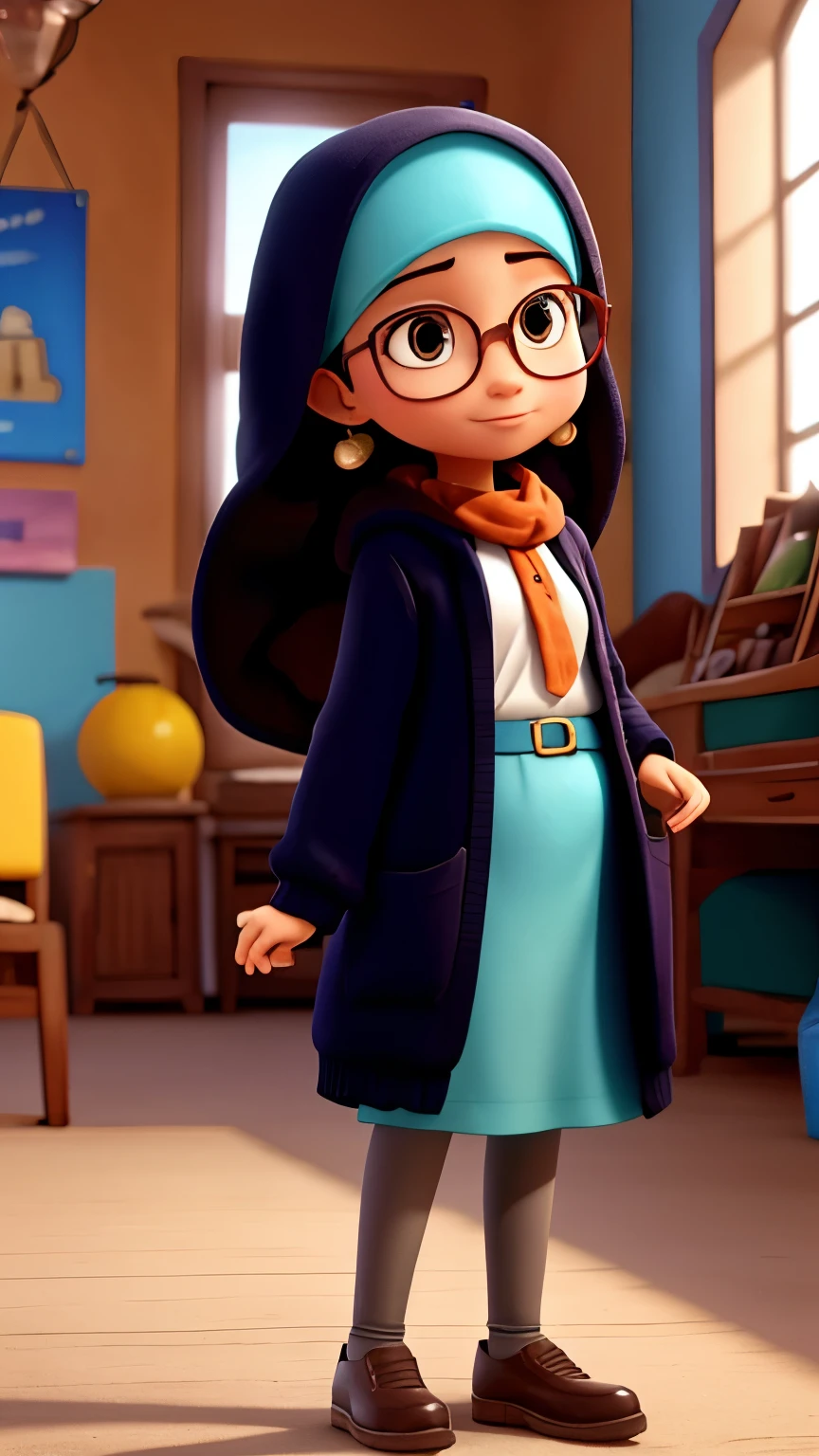 Disney Pixar-inspired movie tittle background, a Muslim female, cartoon, playful shadows, colorful palette, whimsical scenery, dynamic composition, cheerful atmosphere, cinematic quality, fat , gentle soft, soft spoken, wear glass,, black jacket, spectacles, fair, lovely orange tudung no noise