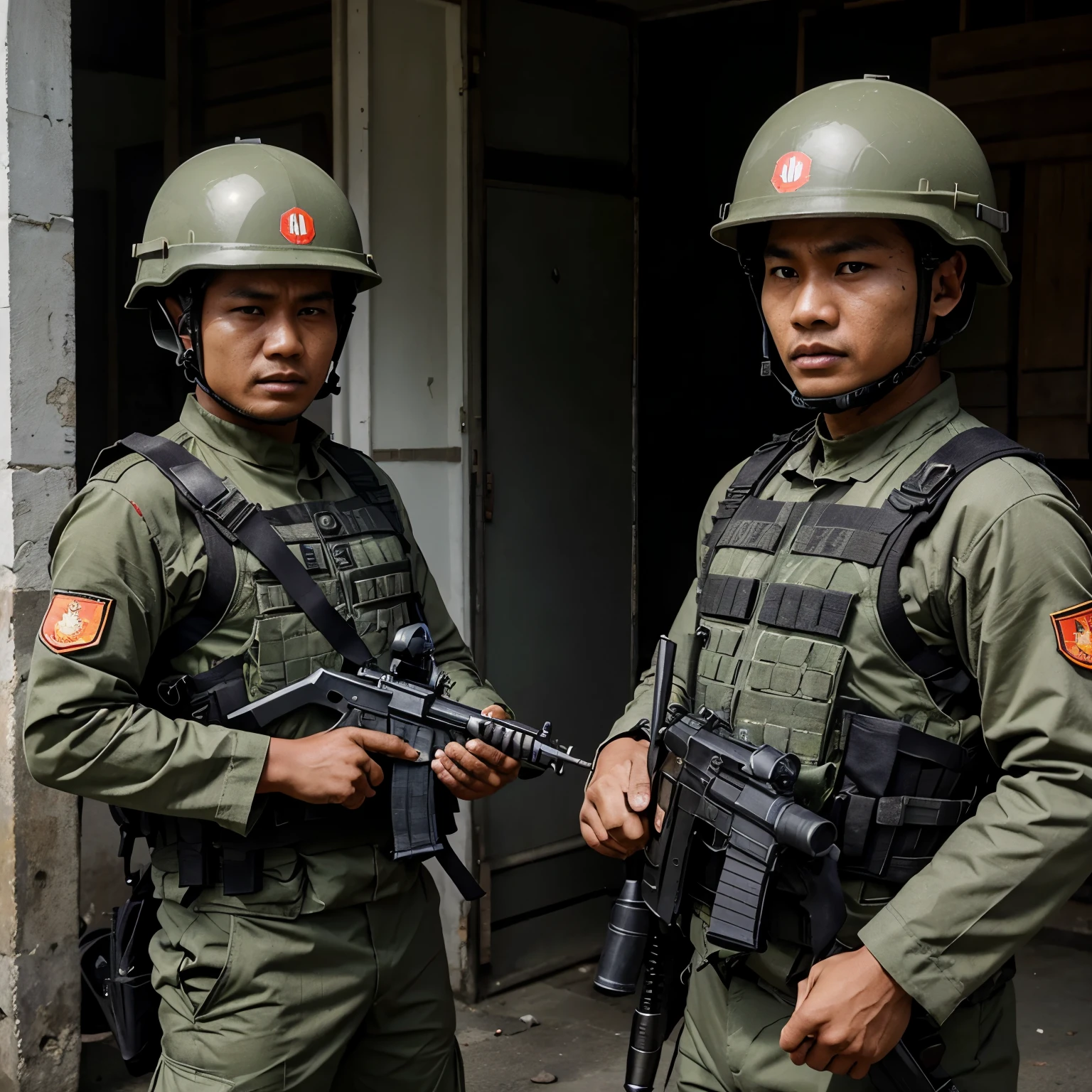 Indonesian soldiers who are fully equipped with weapons use bulletproof clothing and very strong steel helmets