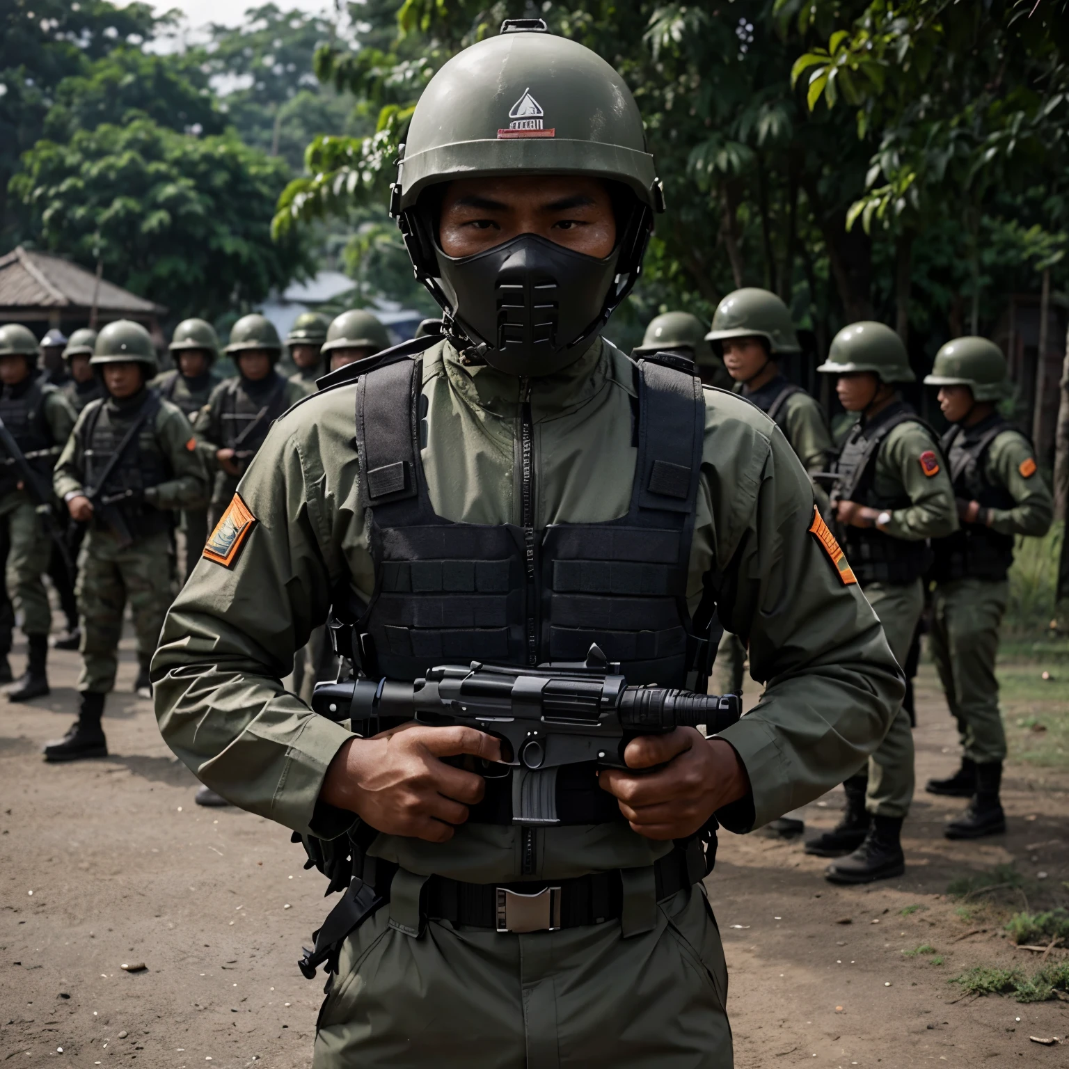 Indonesian soldiers who are fully equipped with weapons use bulletproof clothing and very strong steel helmets
