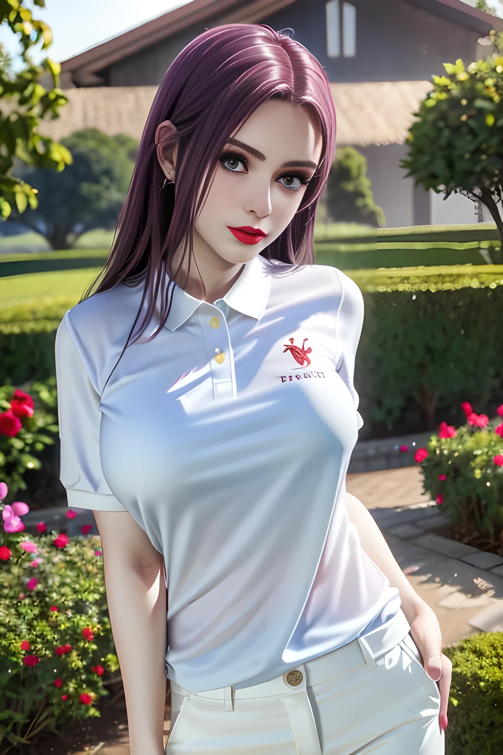 night,1 girl,(White polo shirt:1.4),(casual pants),Outdoor activities, (standing posture),grace,(((red lips))), Lips slightly open, clavicle,(huge breasts:1.3),skin shiny,((8k, original photo, top quality, masterpiece)), HD RAW color photos professional close-up photos, (actual, photorealism: 1.37), (best quality),8k,Define detailed faces, tiny details,alone,Alice,