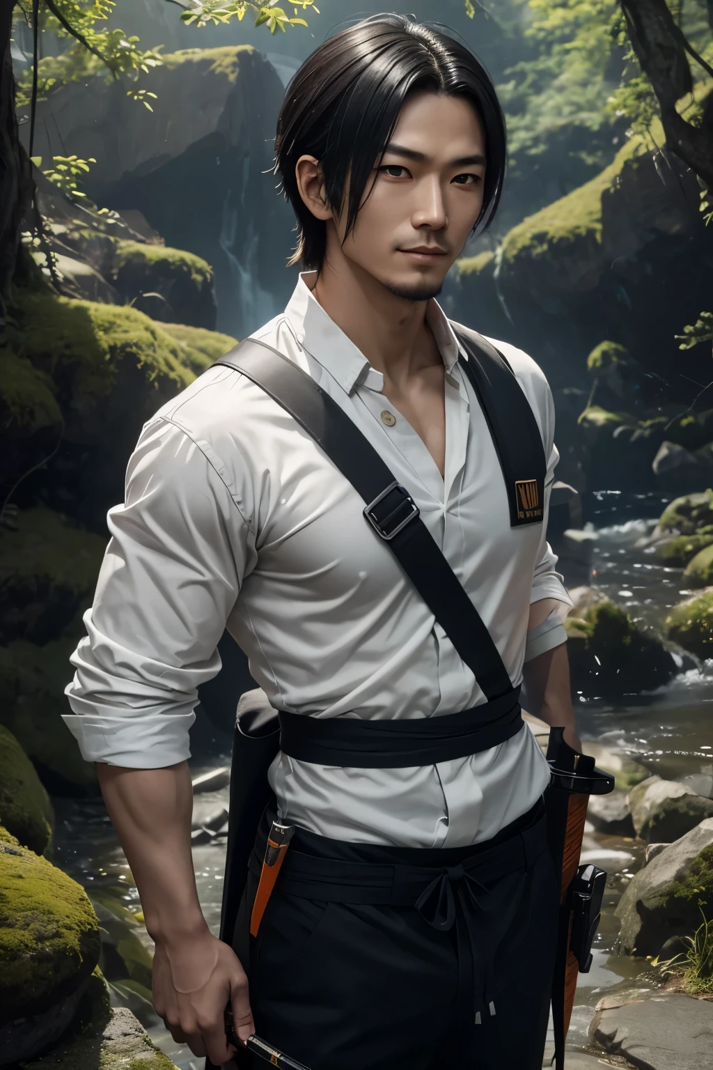 8k,Young man with fancy brown medium bob hair(24-years-old),challenging atmosphere,muscular slim body,super realistic skin,Severely cracked abdominal muscles,black and orange combat uniform,white inner shirt,black and orange combat pants,In the forest with a large and long Japanese sword,naughty smile,Big eyes,black eye,Wear black combat uniform to hide your body,perfect hand shapeの詳細,comical pose,masterpiece,Photorealistic RAW photos of the highest quality。bright colors,rich colors, Backlight, cinematic lighting, film grain, to be born, 50mm lens, Nikon D850,detailed character art,fantasy art,ultra high resolution,super realistic skin,perfect hand shape,mountain path,people４(Hanamura Yosuke),wild(super realistic skin),one point beard,アジアpeople,