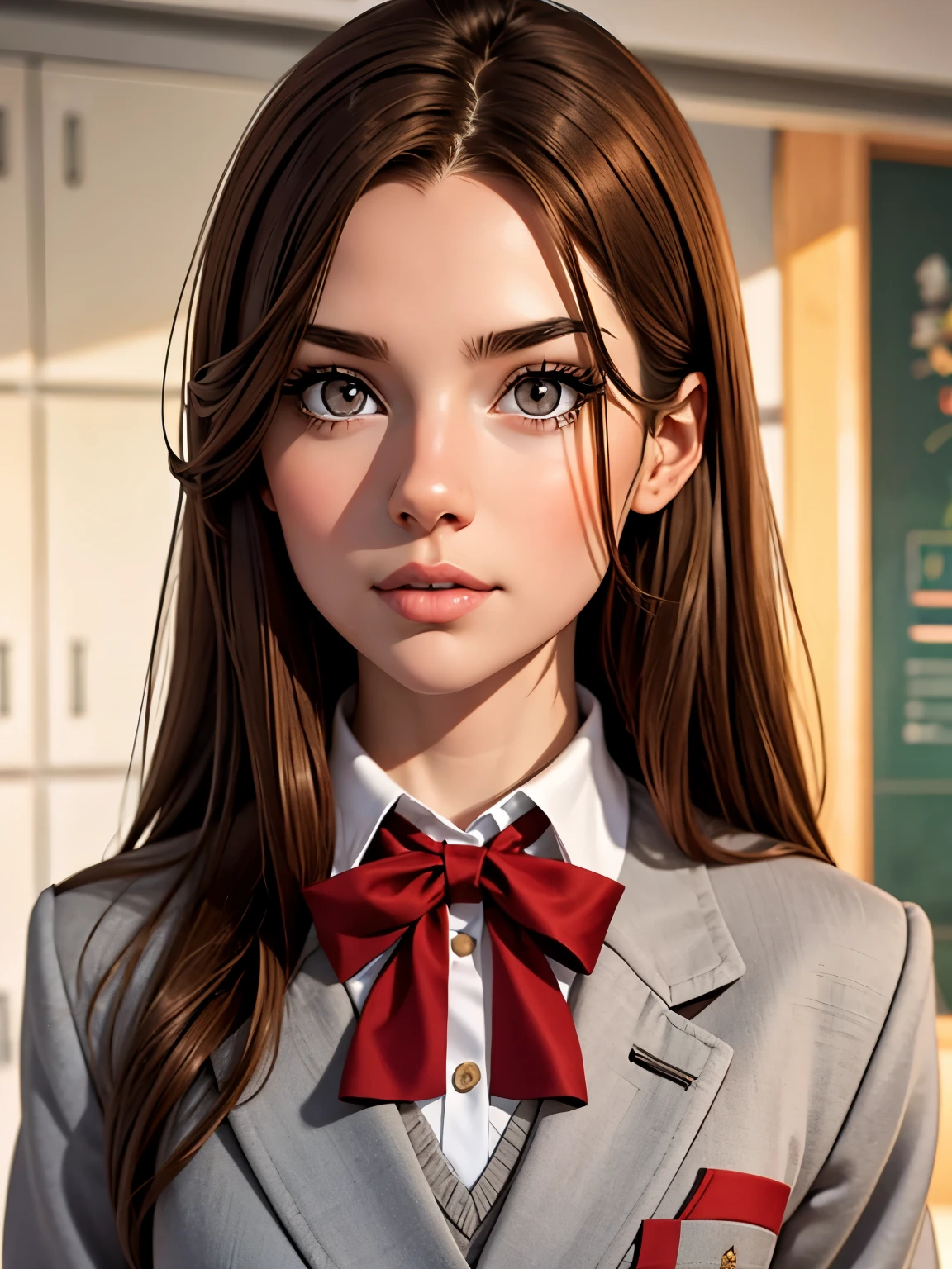 Girl, Long brown hair, Gray eyes, Sharp features, White skin, school uniform