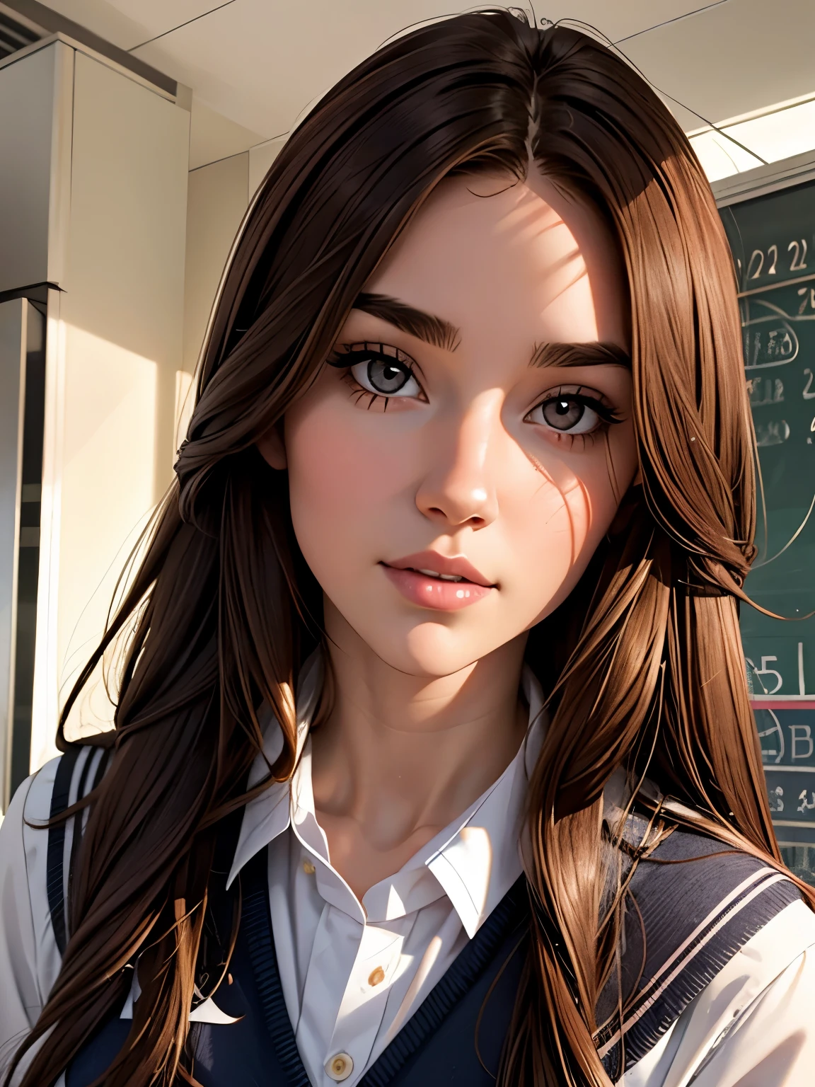Girl, Long brown hair, Gray eyes, Sharp features, White skin, school uniform