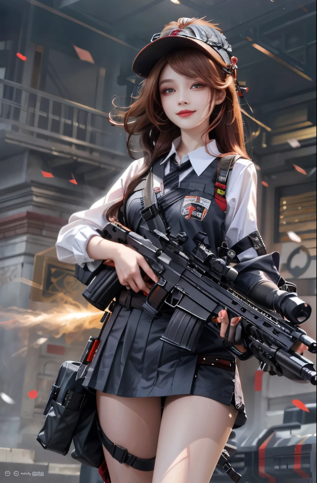 （Modify hair only、Face）Reddish-brown hair，Long curly hair，high ponytail，red headdress，red eyes，red eye，red pupils，Delicate and detailed eyes，sparkling eyes，Automatic Rifle，Smiling very happily