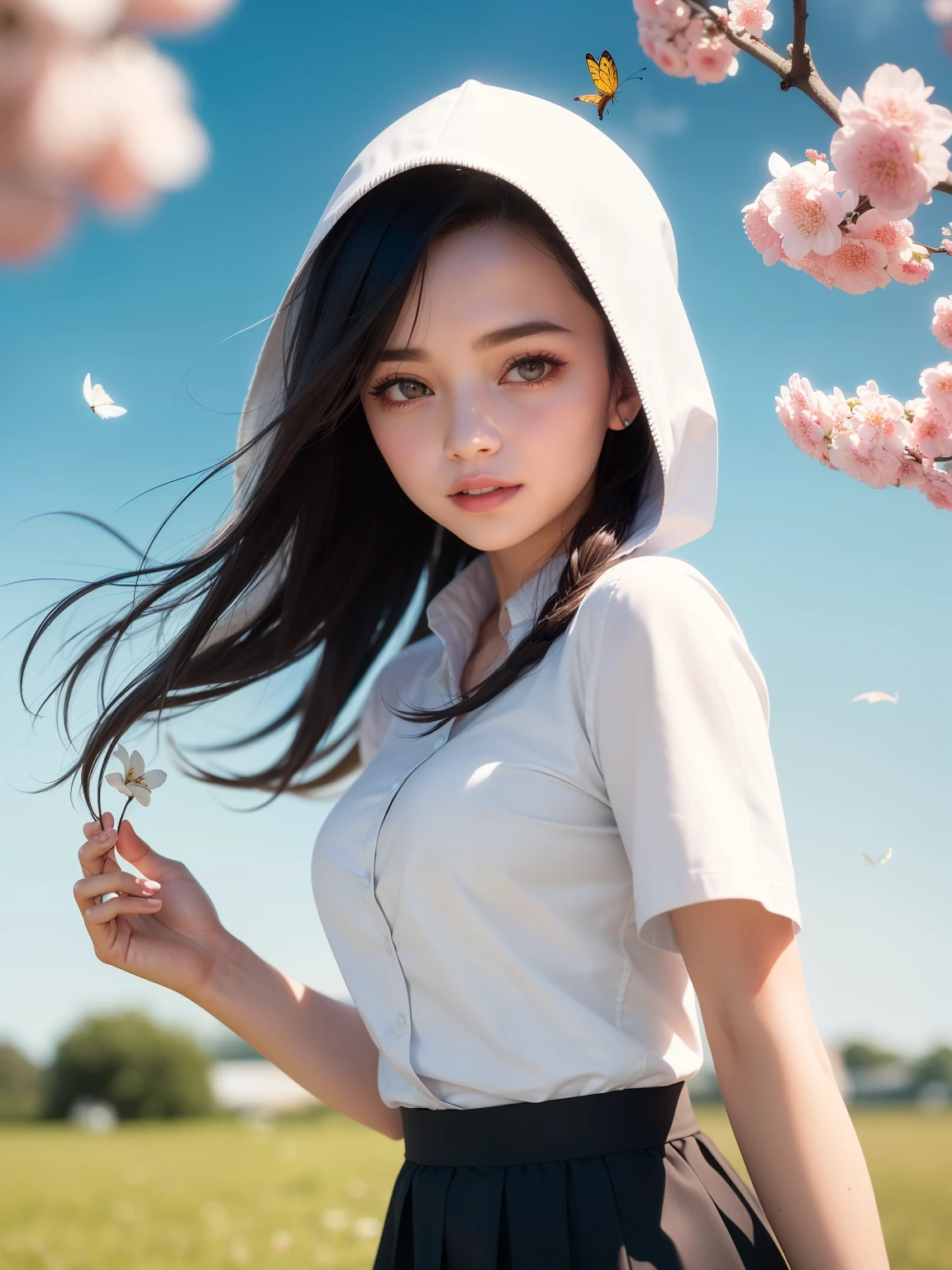 blurry, blurry_foreground, depth_of_field, petals, butterfly, bug, cherry_blossoms, blurry_background, blue_butterfly, motion_blur, flower, elaina_(majo_no_tabitabi), 1girl, open_mouth, long_hair, pink_flower, braid, falling_petals, white_shirt, smile, skirt, shirt, white_flower, tree, outdoors, ahoge, looking_at_viewer, hair_between_eyes, spring_(season), day, solo, holding, branch, bangs, blue_sky, eyebrows_visible_through_hair, :d, silver_hair, hood, cape