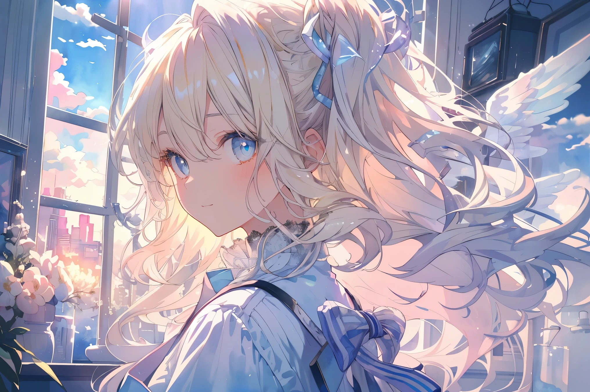 ((super detailed),sky background,beautiful clouds,The light from the back window is backlit.,element,Watercolor pattern in calm colors),(watercolor texture), ((1 girl),long gray hair,blonde hair,blue eyes,adorable,Angelic),light smile,ta prostitute,best image quality