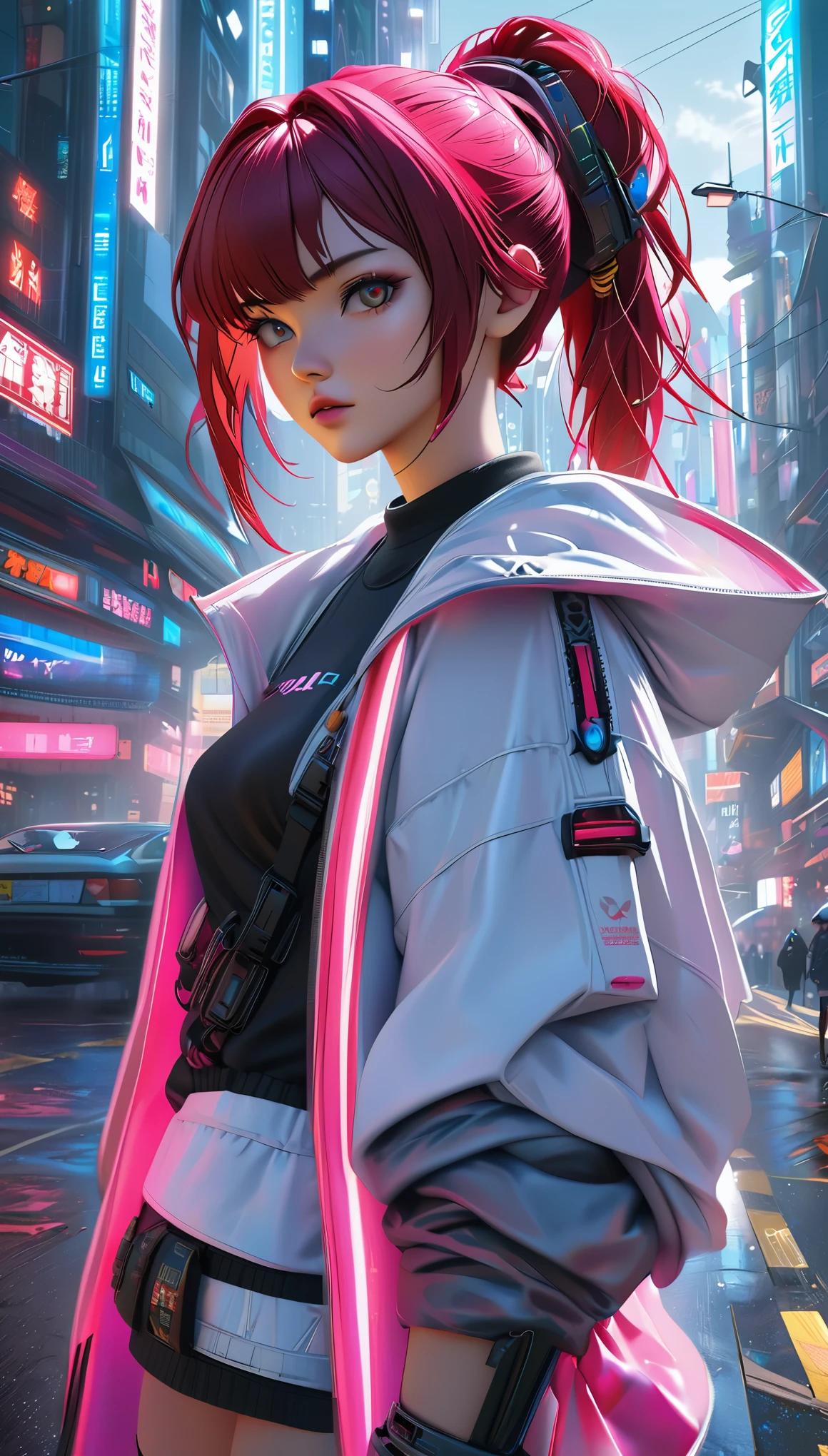 There is a woman standing on the roadside, Cyberpunk Art by Yang J, Popular topics on Artstation, realism, guweiz style artwork, anime style. 8k, guweiz, Realistic anime 3D style, Popular topics on cgstation, 🤤 girl portrait, Hyperrealistic cyberpunk style, anime style mixed with fujifilm, Fantasy cyberpunk girl
