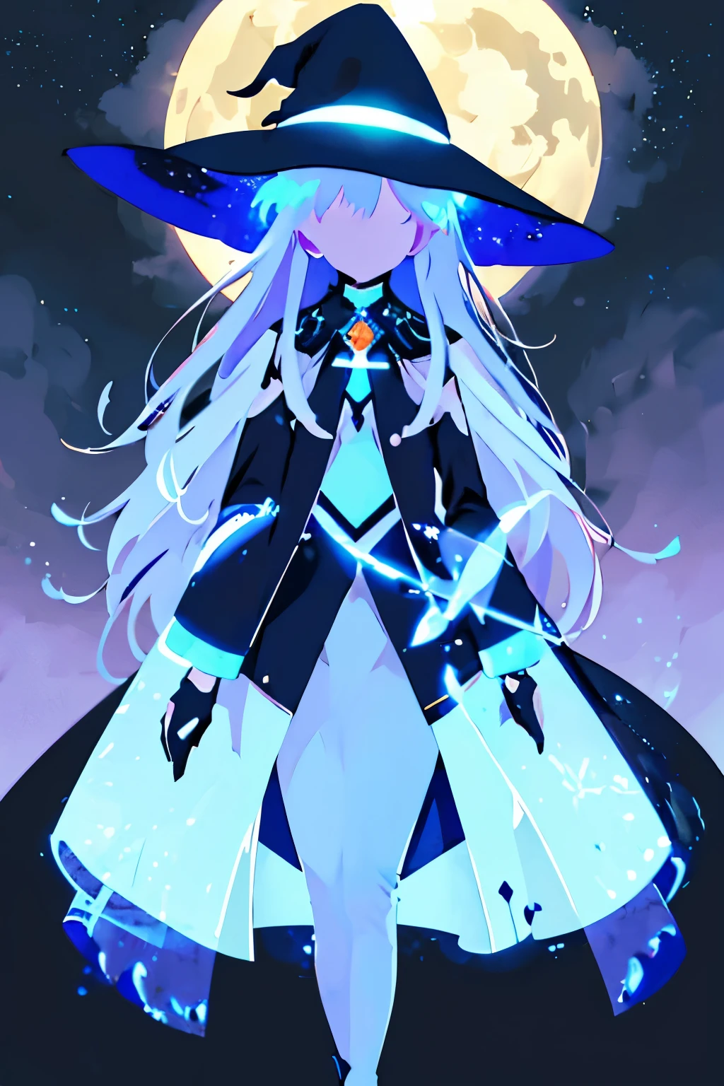Super shiny hologram metallic clear magical circle, ancient latters、bold pose、perfect lighting、Holographic metallic clear bodysuit, A girl with long silver hair wearing a witch hat stands alone in an outdoor scene. The sky is filled with fluffy clouds, creating a beautiful backdrop. The girl's hair is intricately detailed, flowing freely in the gentle breeze. Her witch hat is adorned with intricate patterns and adds a touch of mystery to her appearance. The sky above is a vibrant shade of blue, with scattered clouds creating a dreamy atmosphere. The day is bright and sunny, casting a warm glow on the surroundings. As the girl gazes upwards, she is captivated by the sight of a crescent moon visible amidst the daylight. A bird flies gracefully across the sky, adding to the sense of tranquility. This artwork is a masterpiece, with ultra-detailed features that bring the scene to life. The artwork showcases the beauty of nature and the enchantment of the witch's world.