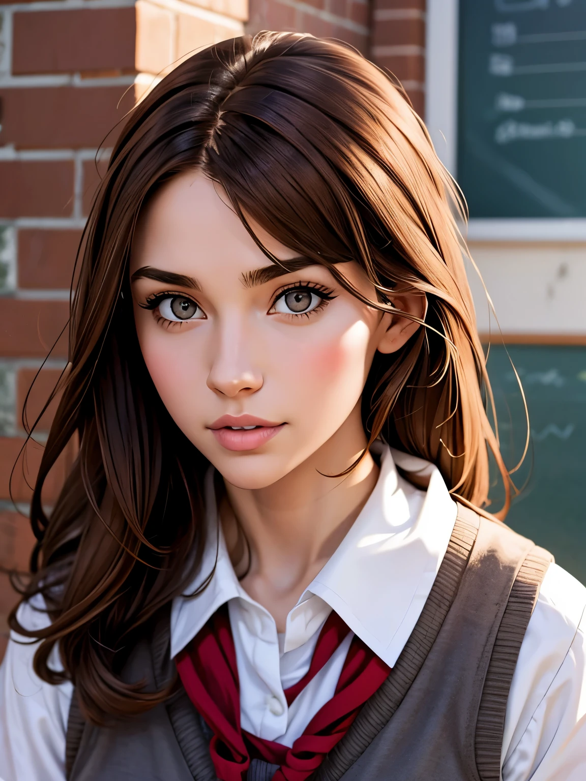 Girl, Long brown hair, Gray eyes, Sharp features, White skin, school uniform
