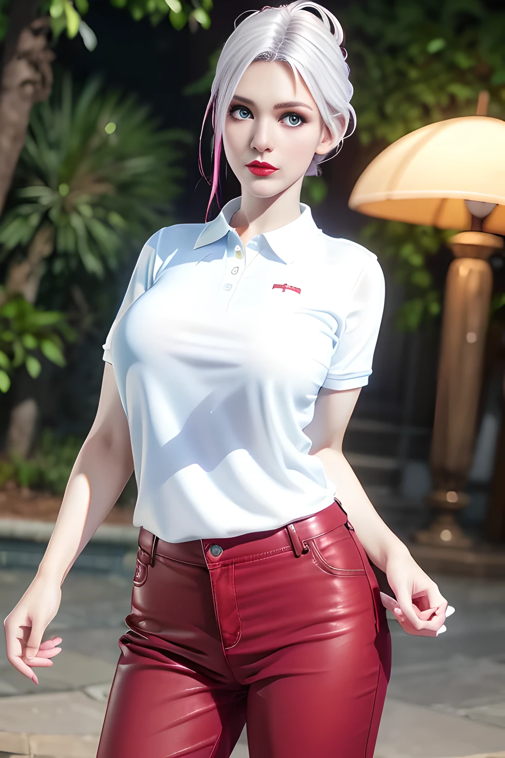 night,1 girl,(White polo shirt:1.4),(casual pants),Outdoor activities,  (standing posture),grace,(((red lips))), Lips slightly open,  clavicle,(huge breasts:1.3),skin shiny,((8k, original photo, top quality, masterpiece)), HD RAW color photos professional close-up photos, (actual, photorealism: 1.37), (best quality),8k,Define detailed faces, tiny details,alone,Alice,