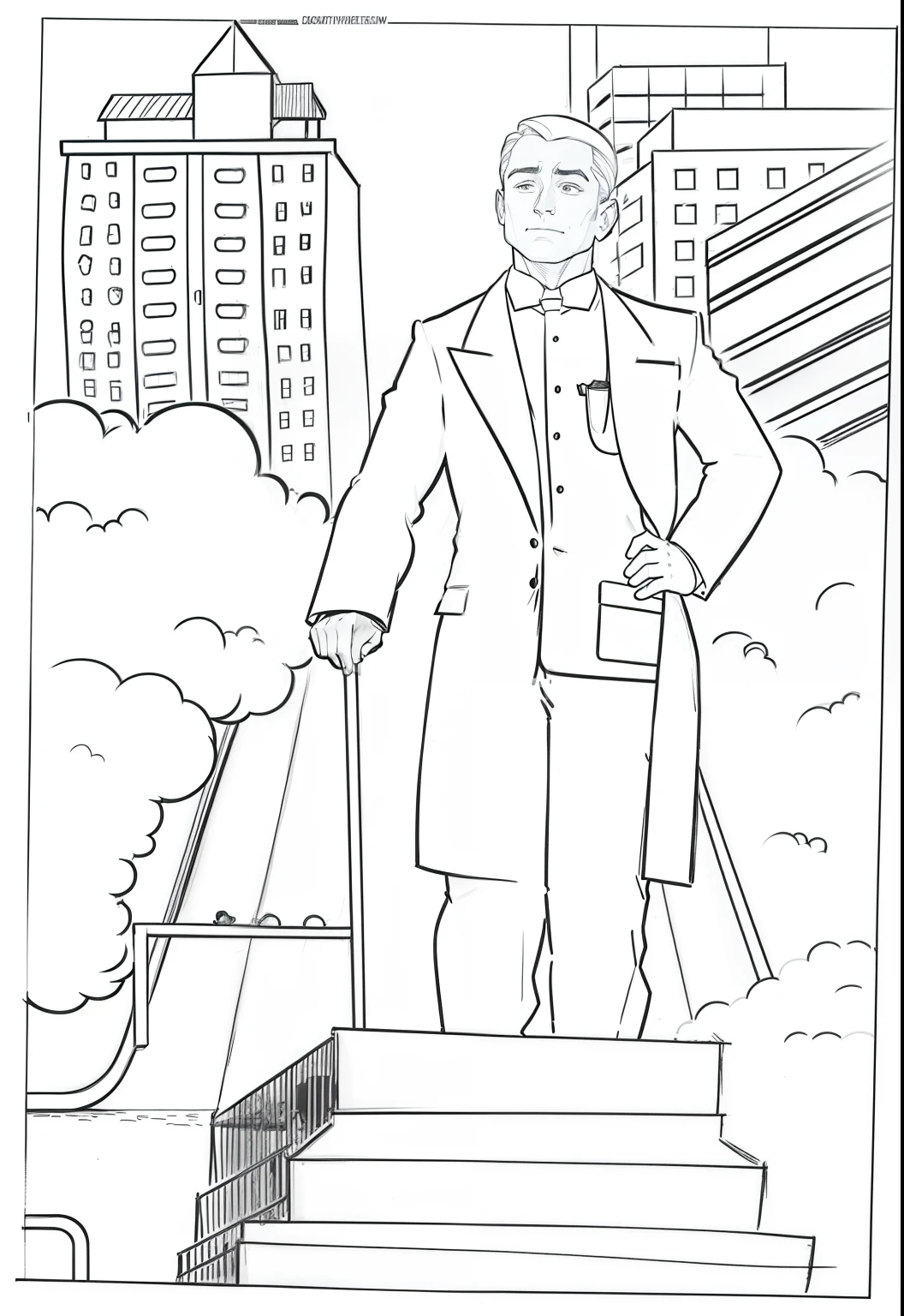 a drawing of a man in a suit and tie standing on a staircase, Coloring page, Coloring pages, clean Coloring book page, coloring sheet, Coloring book page, Full page illustration, tony danza Coloring book page, coloring pages, business illustration, bold line art, coloring pagess, Full page illustration, New Yorker Illustration, line art coloring pages, a man