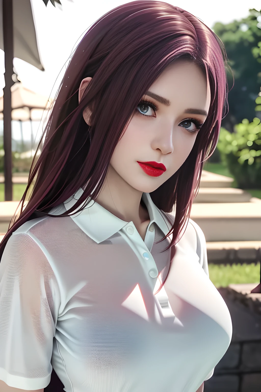 night,1 girl,(White polo shirt:1.4),(casual pants),Outdoor activities,  (standing posture),grace,(((red lips))), Lips slightly open,  clavicle,(huge :1.3),skin shiny,((8k, original photo, top quality, masterpiece)), HD RAW color photos professional close-up photos, (actual, photorealism: 1.37), (best quality),8k,Define detailed faces, tiny details,alone,Alice,