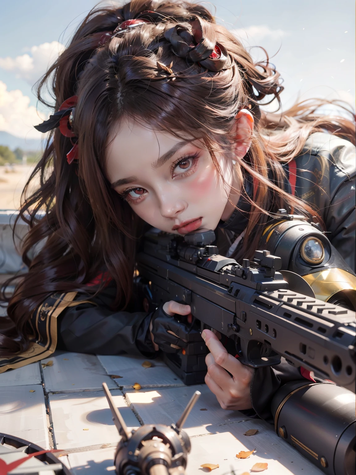 (Modify hair only、Face)Reddish-brown hair,Long curly hair,high ponytail,red headdress,red eyes,red eye,red pupils,Delicate and detailed eyes,sparkling eyes,Automatic Rifle,Focused eyes