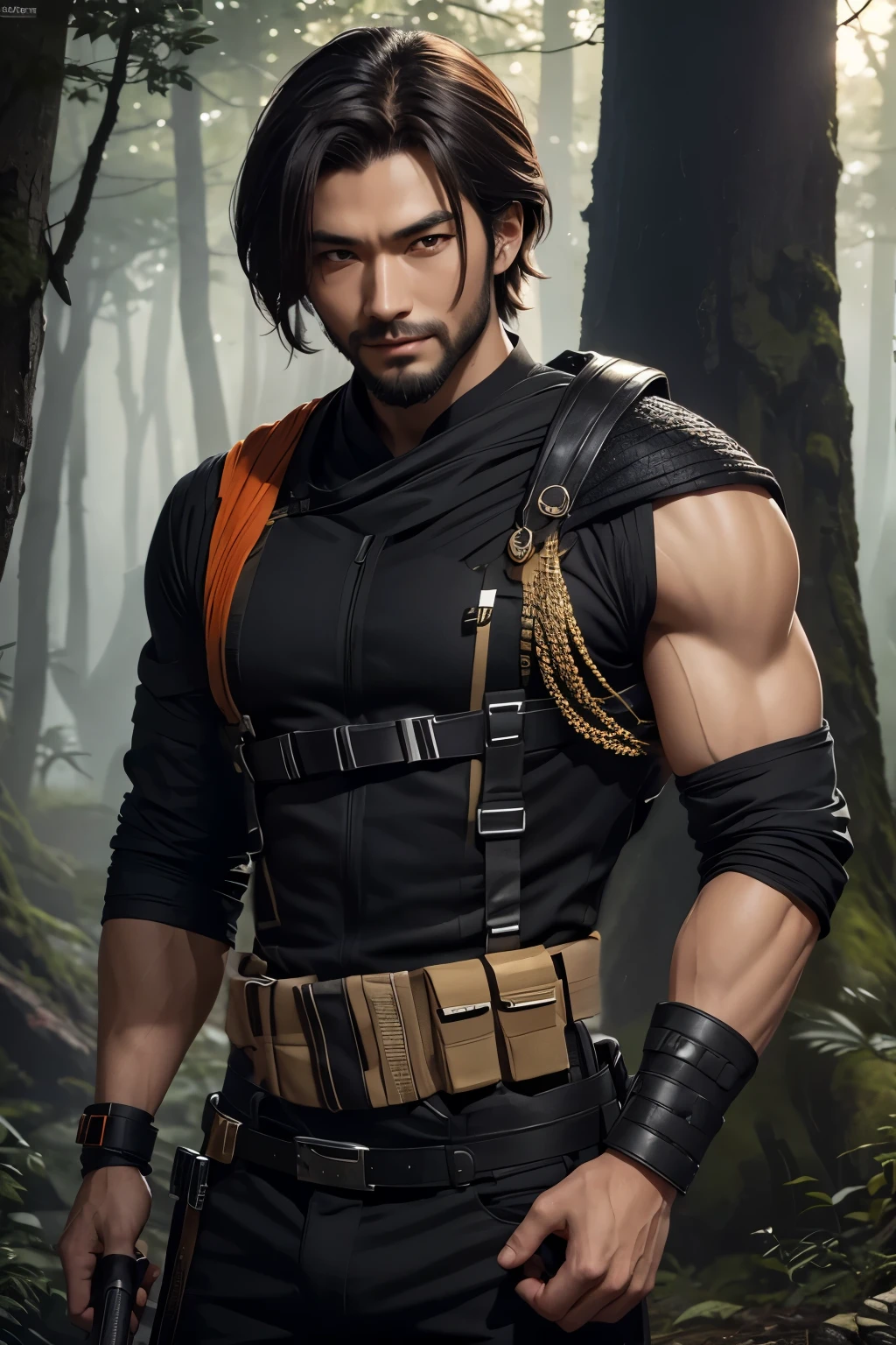 8k,派手な茶色のミディアムボブヘアの若いアジアpeopleの青年(24-years-old),challenging atmosphere,muscular slim body,super realistic skin,Severely cracked abdominal muscles,black and orange combat uniform,white inner shirt,black and orange combat pants,Carrying a large and long Japanese sword,naughty smile,Big eyes,black eye,Wear black combat uniform to hide your body,perfect hand shapeの詳細,comical pose,masterpiece,Photorealistic RAW photos of the highest quality。bright colors,rich colors, Backlight, cinematic lighting, film grain, to be born, 50mm lens, Nikon D850,detailed character art,fantasy art,ultra high resolution,super realistic skin,perfect hand shape,mountain path,people4(Hanamura Yosuke),wild(super realistic skin),one point beard,アジアpeople,abandoned temple,white shirt,Big eyes,