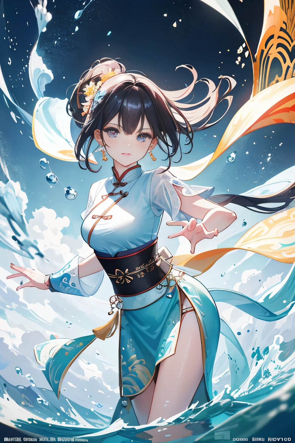 Epic water bending shot, in front, Winning photo, wuxia, A beautiful Chinese woman,Extremely close focus on the face, in the style of photorealistic eye, Bokeh,Hyperrealistic illustration style, Super super details, Screenshot Unreal Engine, Zbrush3D艺术Vray,Glow special,Post effects,Optical flare --Niji 5 --Stylistic expression --S 400