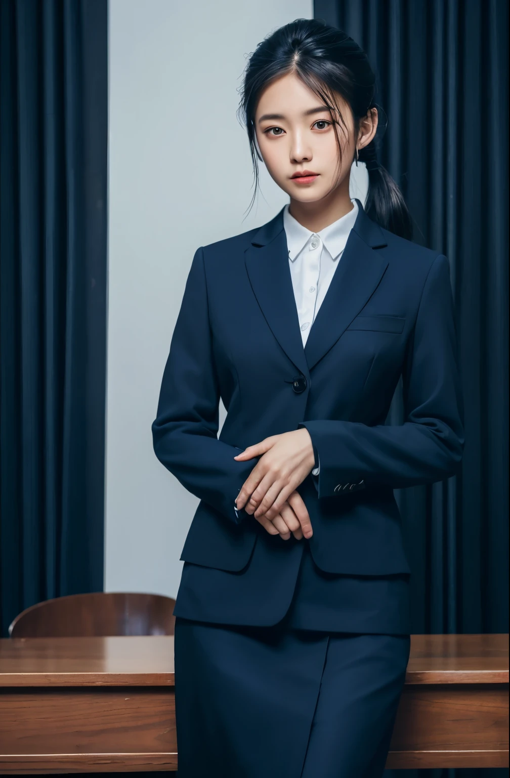 ((top quality, 8k, table top: 1.3)), 1 Japanese girl, 25 years old, black hair, (((lower ponytail))), face focus, detailed face, highly detailed lips, fine eyes, double eyelid, sweaty skin: 1.2, (((skirt suit, dark blue suit, pencil skirt))),