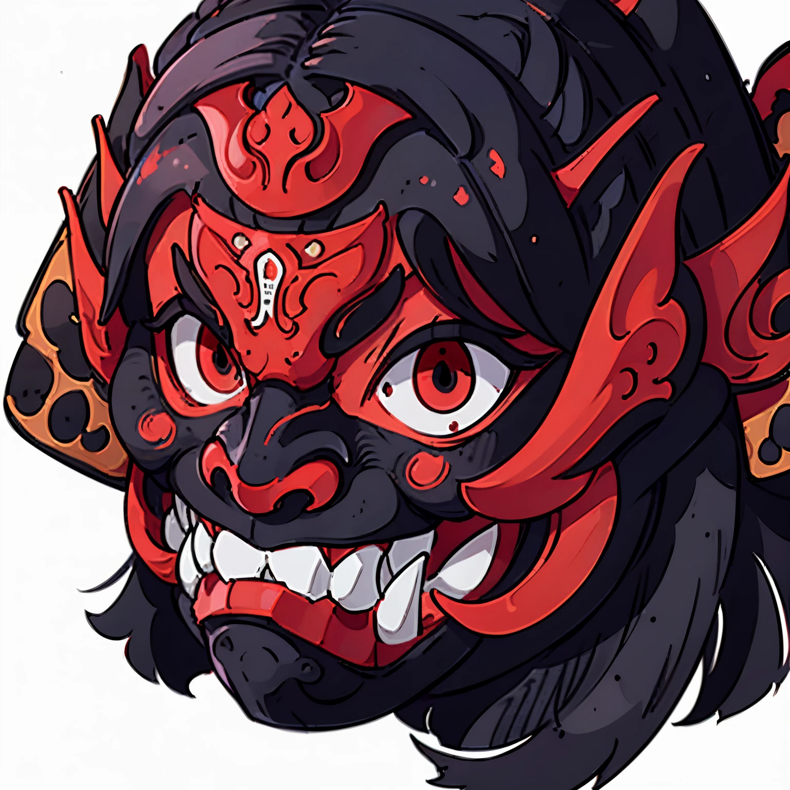 Masterpiece, Best Quality, Ultra-Detailed, 1boy, solo, black hair, long hair, oni mask, ritual oni mask, red mask, mask over face, red kimono, black overcoat, white background