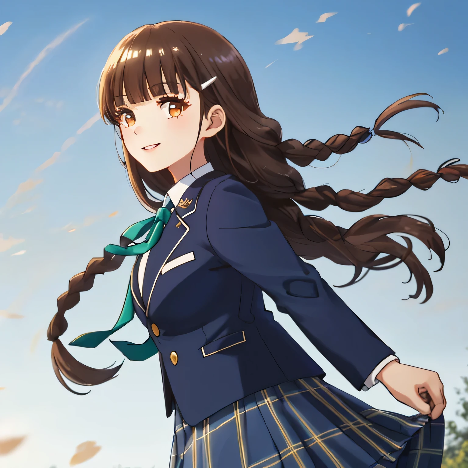 highest quality, (masterpiece:1.2), very detailed, Girl staring at the viewer, Glossy lips that make you want to kiss, nice smile, brown eyes, (((very long dark brown braids))), 15 years old, big shiny hair clip, school uniform, Dark blue and navy plaid skirt, middle long skirt, Luxurious navy blazer with a golden patch on the left chest, ((navy blue big shiny school ribbon tie.)), very shiny hair、laughter、bright look、Your face and hair shine in the light, I&#39;m so happy I can jump up, The expression of a cute maiden in love, The long skirt fabric has a beautiful deep blue checkered pattern.., cute expression, double eyelid, ((long eyelashey lower eyelashes are also long)), pure white background, The wind is blowing, shot from the side