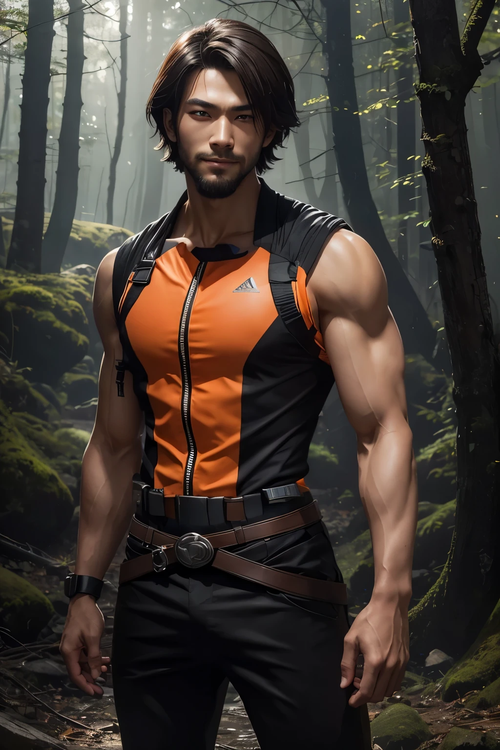8k,派手な茶色のミディアムボブヘアの若いアジアpeopleの青年(24-years-old),challenging atmosphere,muscular slim body,super realistic skin,Severely cracked abdominal muscles,black and orange combat uniform,white inner shirt,black and orange combat pants,Carrying a large and long Japanese sword,naughty smile,Big eyes,black eye,Wear black combat uniform to hide your body,perfect hand shapeの詳細,comical pose,masterpiece,Photorealistic RAW photos of the highest quality。bright colors,rich colors, Backlight, cinematic lighting, film grain, to be born, 50mm lens, Nikon D850,detailed character art,fantasy art,ultra high resolution,super realistic skin,perfect hand shape,mountain path,people４(Hanamura Yosuke),wild(super realistic skin),one point beard,アジアpeople,abandoned temple,white shirt,Big eyes,
