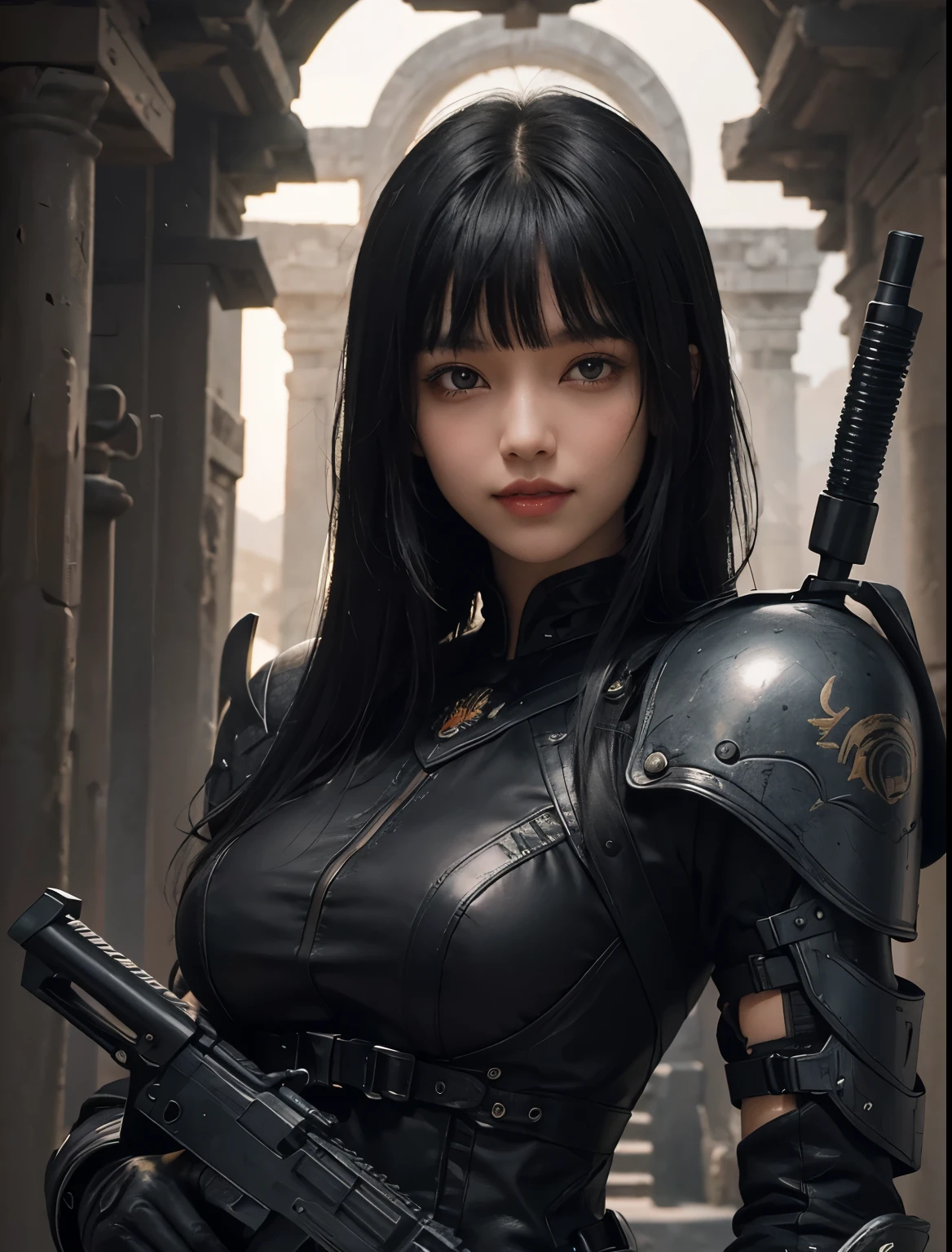 A beautiful woman. Black hair. Her bangs are down. Her bangs are cut in a straight line at her forehead. Late twenties. She wears a black metallic battle uniform. She holds a large futuristic gun and has a fearless smile on her face. The location is inside a dimly lit ancient temple.