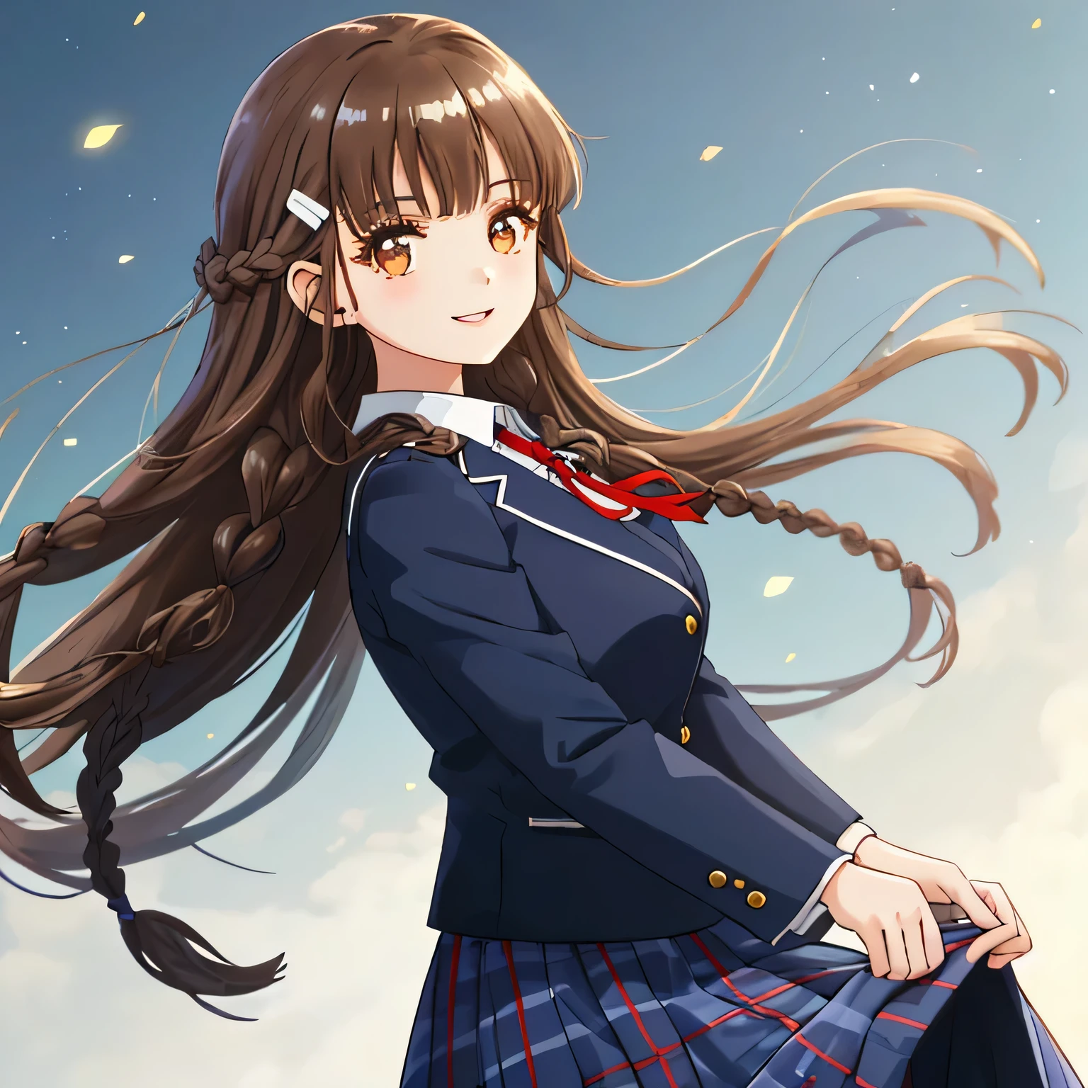 highest quality, (masterpiece:1.2), very detailed, Girl staring at the viewer, Glossy lips that make you want to kiss, nice smile, brown eyes, (((very long dark brown braids))), , big shiny hair clip, school uniform, Dark blue and navy plaid skirt, middle long skirt, Luxurious navy blazer with a golden patch on the left chest, ((navy blue big shiny school ribbon tie.)), very shiny hair、laughter、bright look、Your face and hair shine in the light, I'm so happy I can jump up, The expression of a cute maiden in love, The long skirt fabric has a beautiful deep blue checkered pattern.., cute expression, double eyelid, ((long eyelashey lower eyelashes are also long)), pure white background, The wind is blowing, shot from the side
