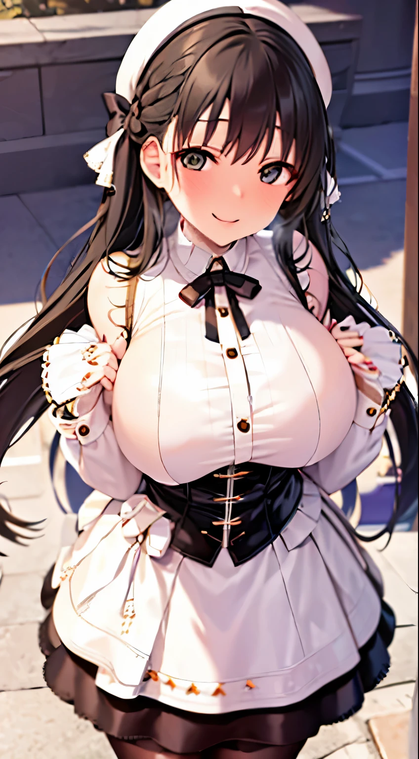 high quality,masterpiece。cute long black hair woman,Hairstyle is long straight。She stands upright with her face and body facing the viewer,true identity。her hands are empty,Both hands are not posed。she looks tall。Her breasts are huge and very big,Good style。she is smiling with a cute face,Both eye colors are brown。The outfit is a white skirt,white corset,white jacket,Clothes designed to expose shoulders and chest。Wear a white beret on your head。she is standing,The place you are standing is outdoors.。
