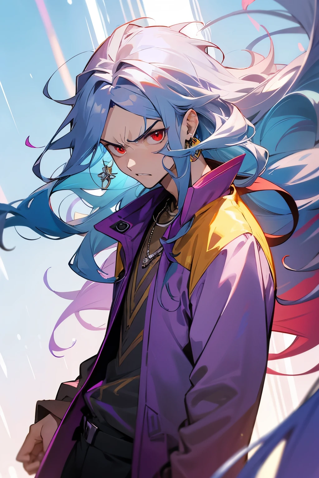 avatar,wavy hair, silver necklace, purple shirt,yellow jacket, earrings, young male, angry, red eyes, sunlight, long beard, light blue hair
